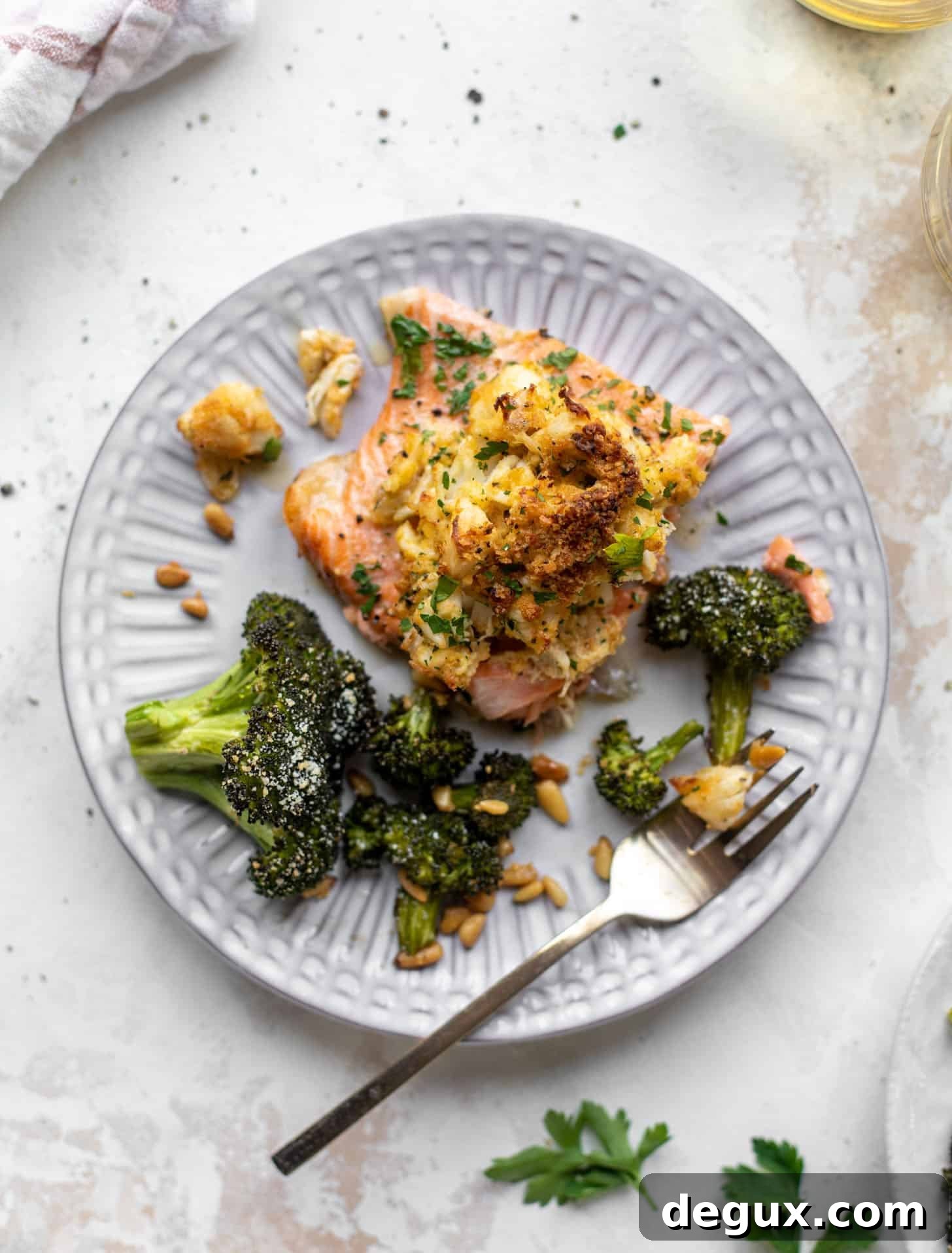 crab topped salmon with parmesan roasted broccoli