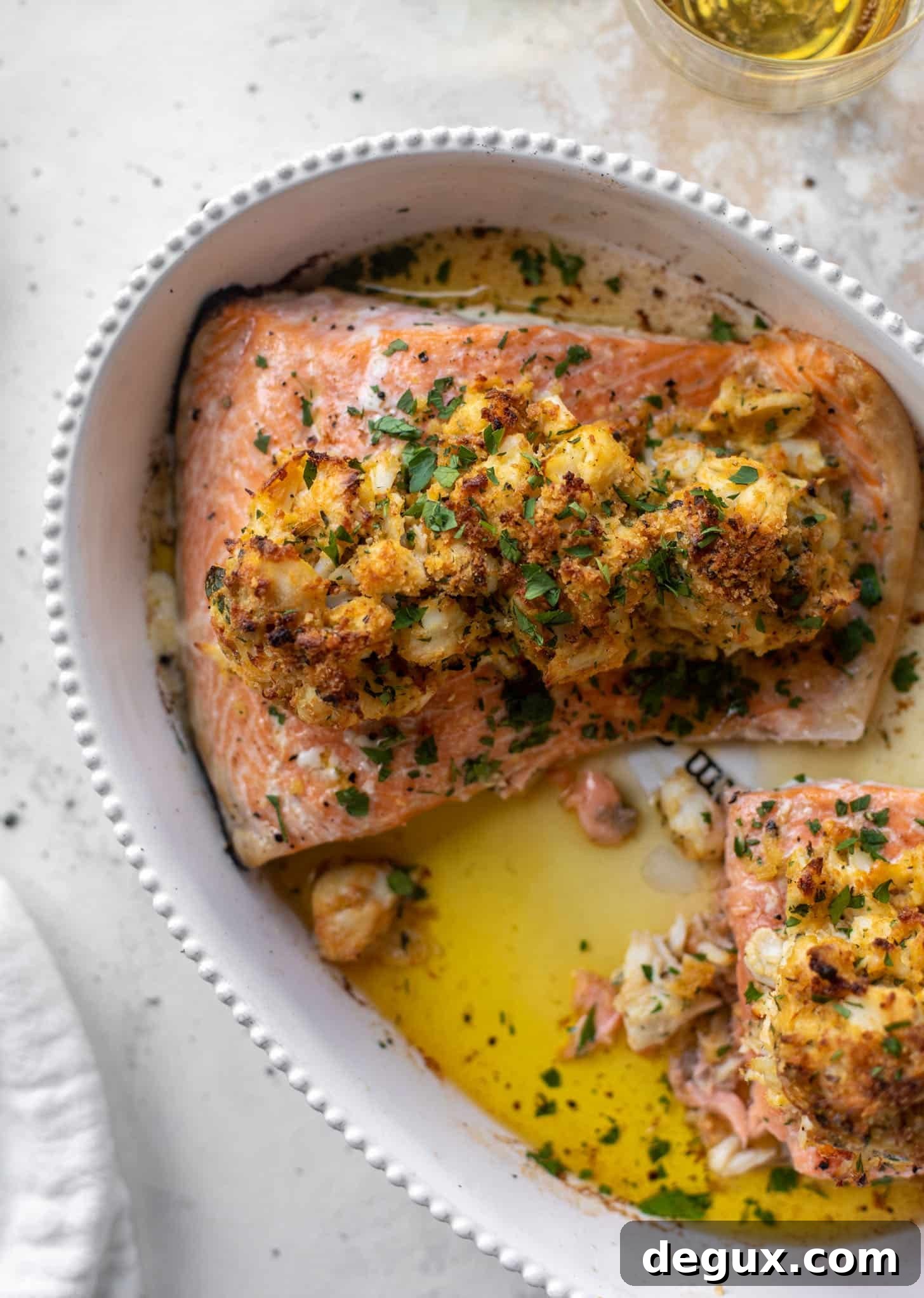 crab topped salmon with parmesan roasted broccoli