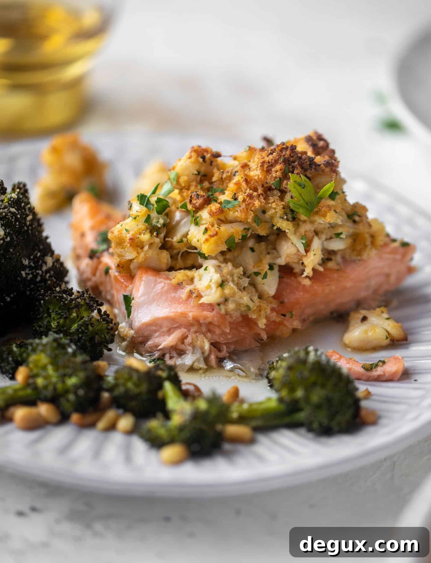 crab topped salmon with parmesan roasted broccoli