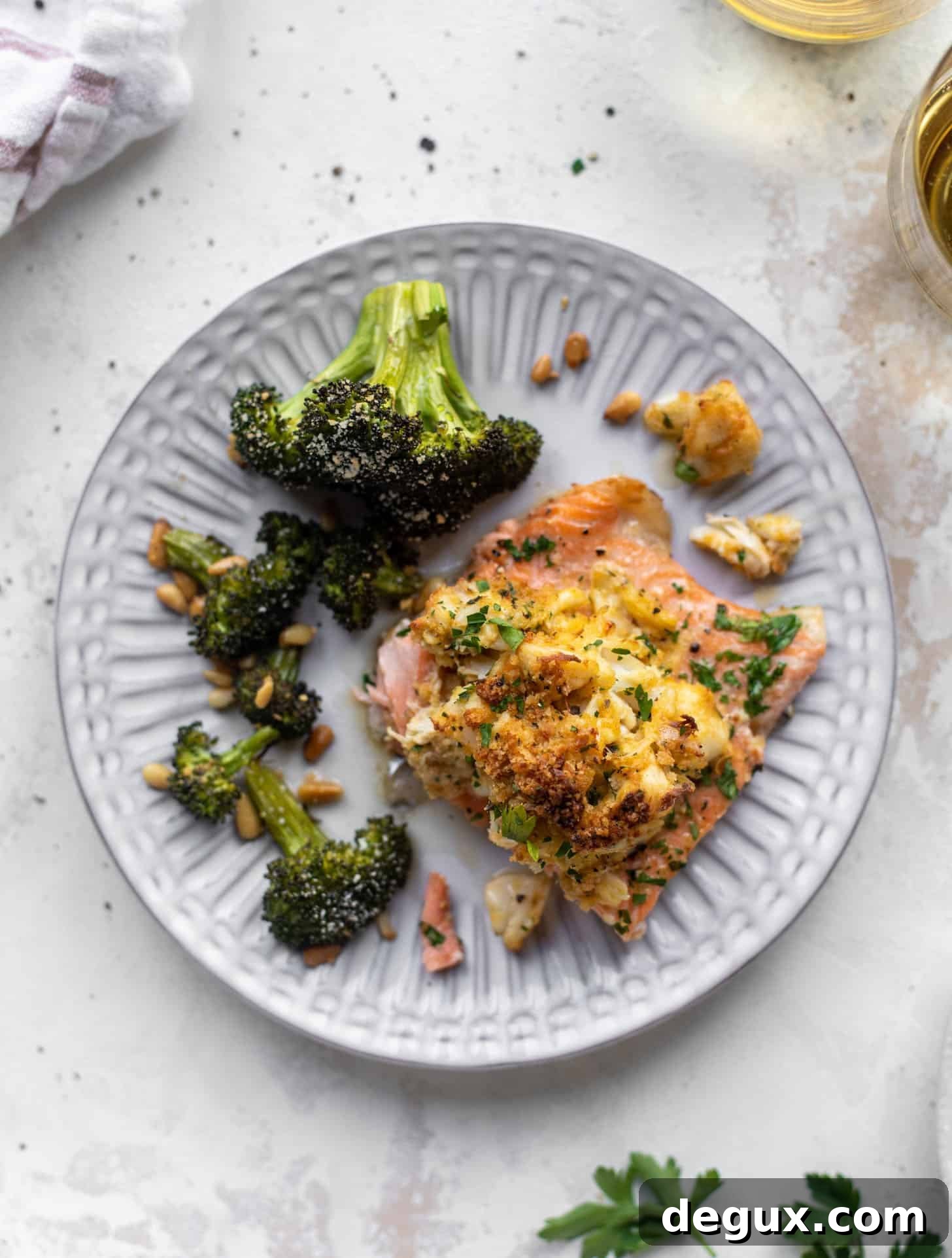 crab topped salmon with parmesan roasted broccoli