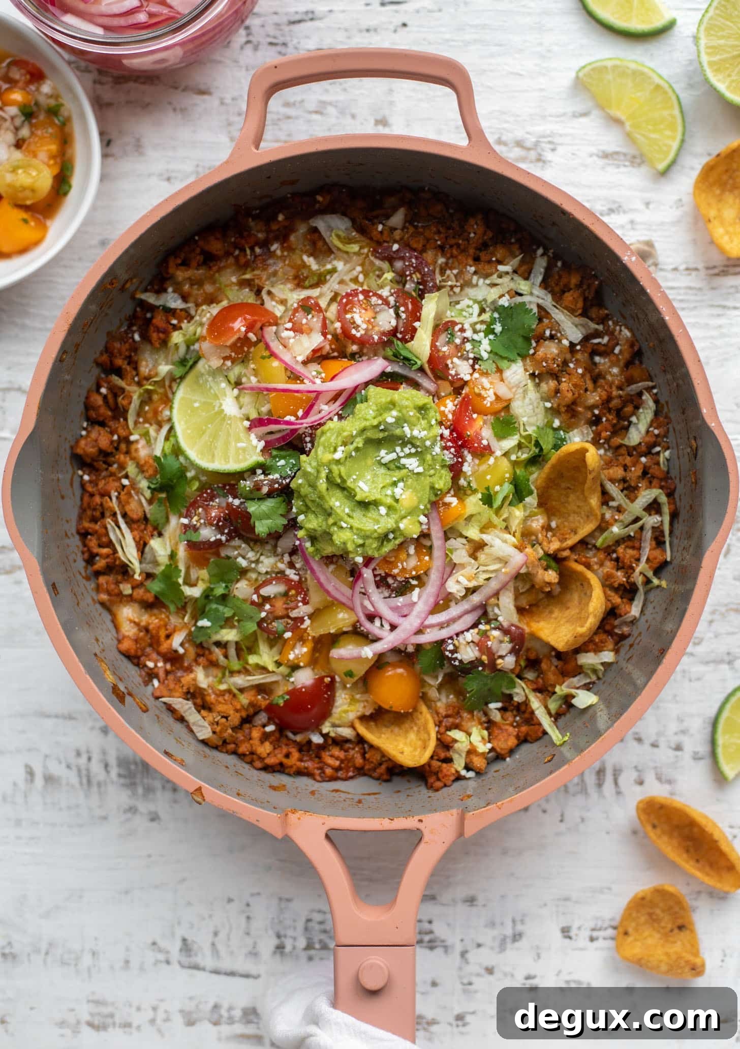 turkey taco nacho skillet with guacamole