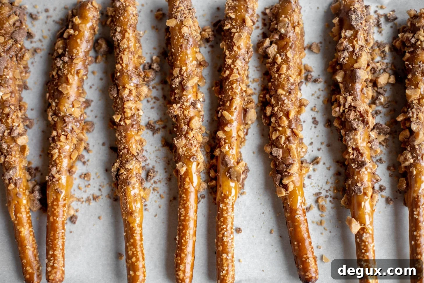 pretzels dipped in caramel and toffee