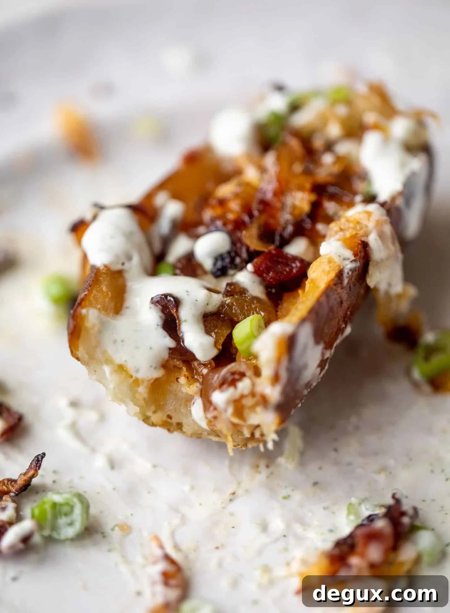 Smoked Cheddar & Caramelized Onion Potato Skins Recipe 10 bite out of smoked cheddar and caramelized onion potato skins with ranch