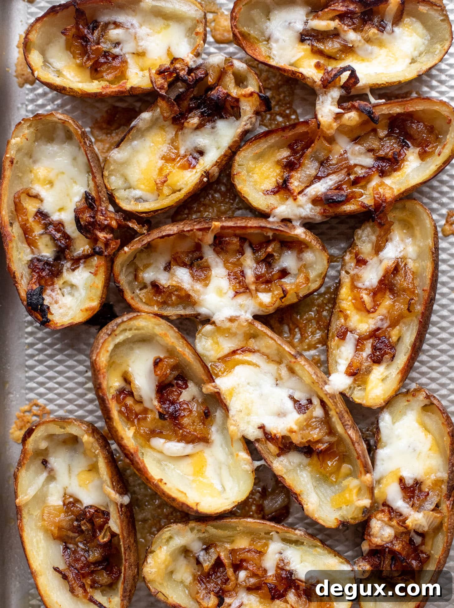 Smoked Cheddar & Caramelized Onion Potato Skins Recipe 4 potato skins with caramelized onions and cheese