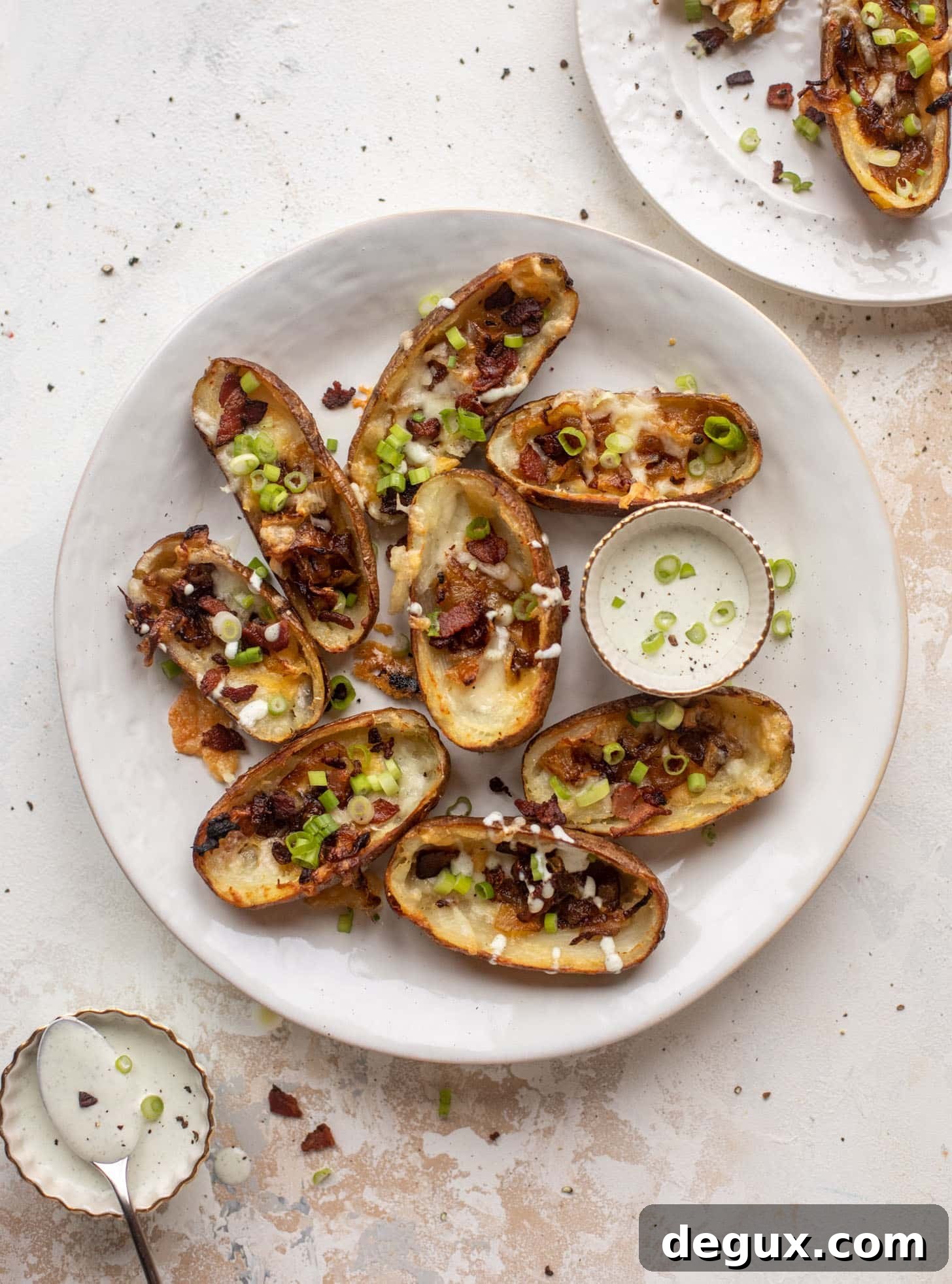 Smoked Cheddar & Caramelized Onion Potato Skins Recipe 7 smoked cheddar and caramelized onion potato skins with ranch