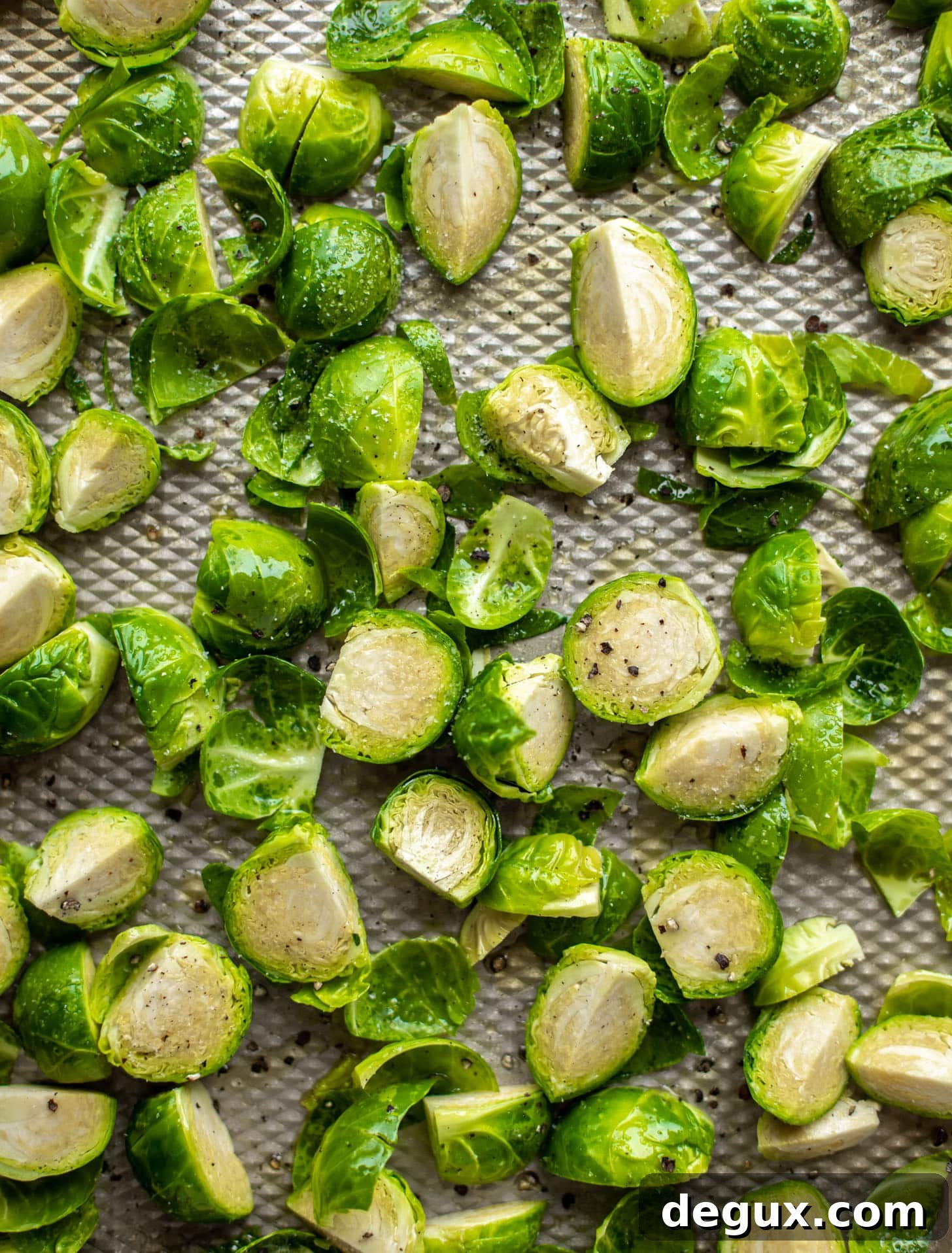 Spicy Buffalo-Style Roasted Brussels Sprouts with Crispy Edges 4 brussels sprouts ready for roasting