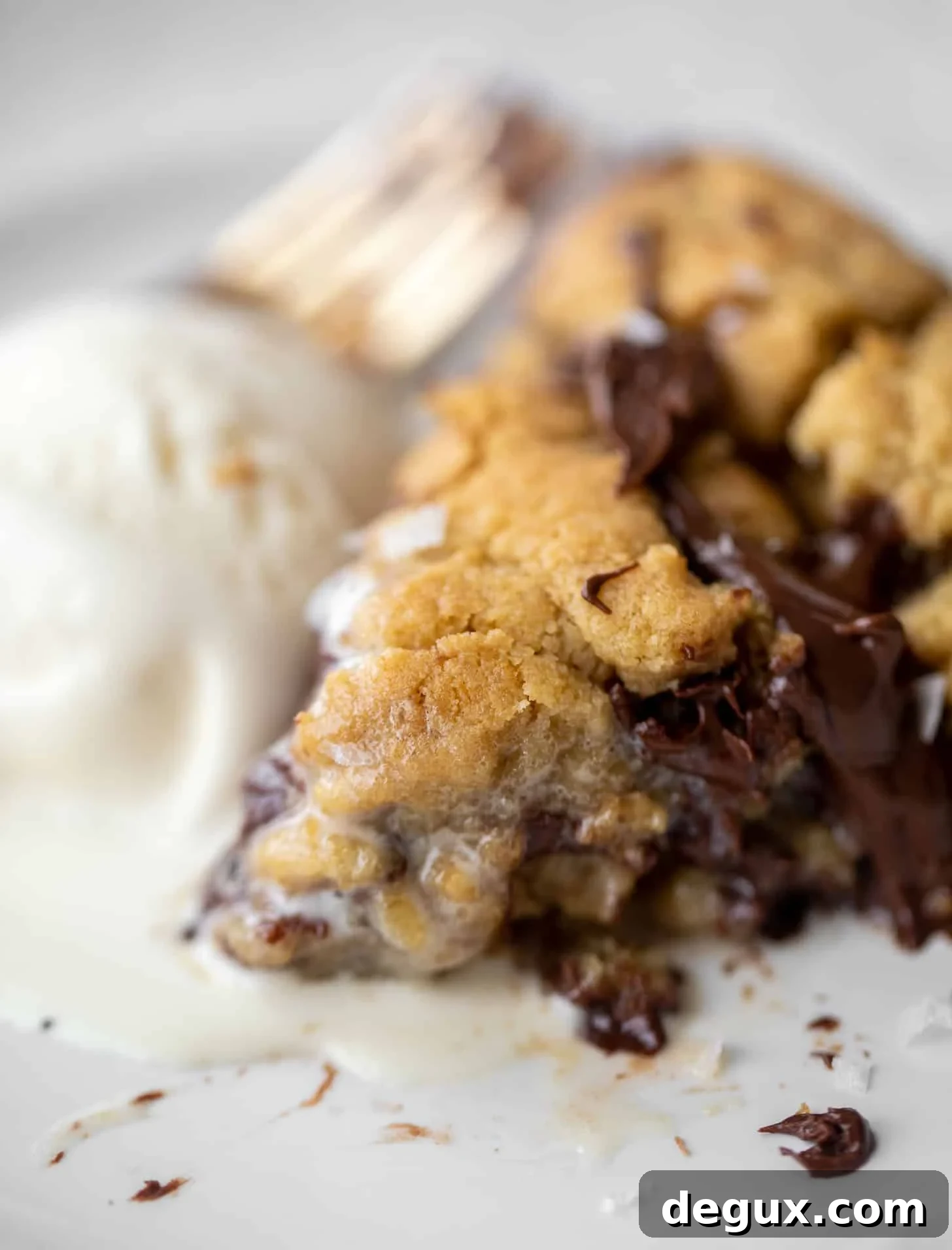 close up of chewy chocolate chip skillet cookie