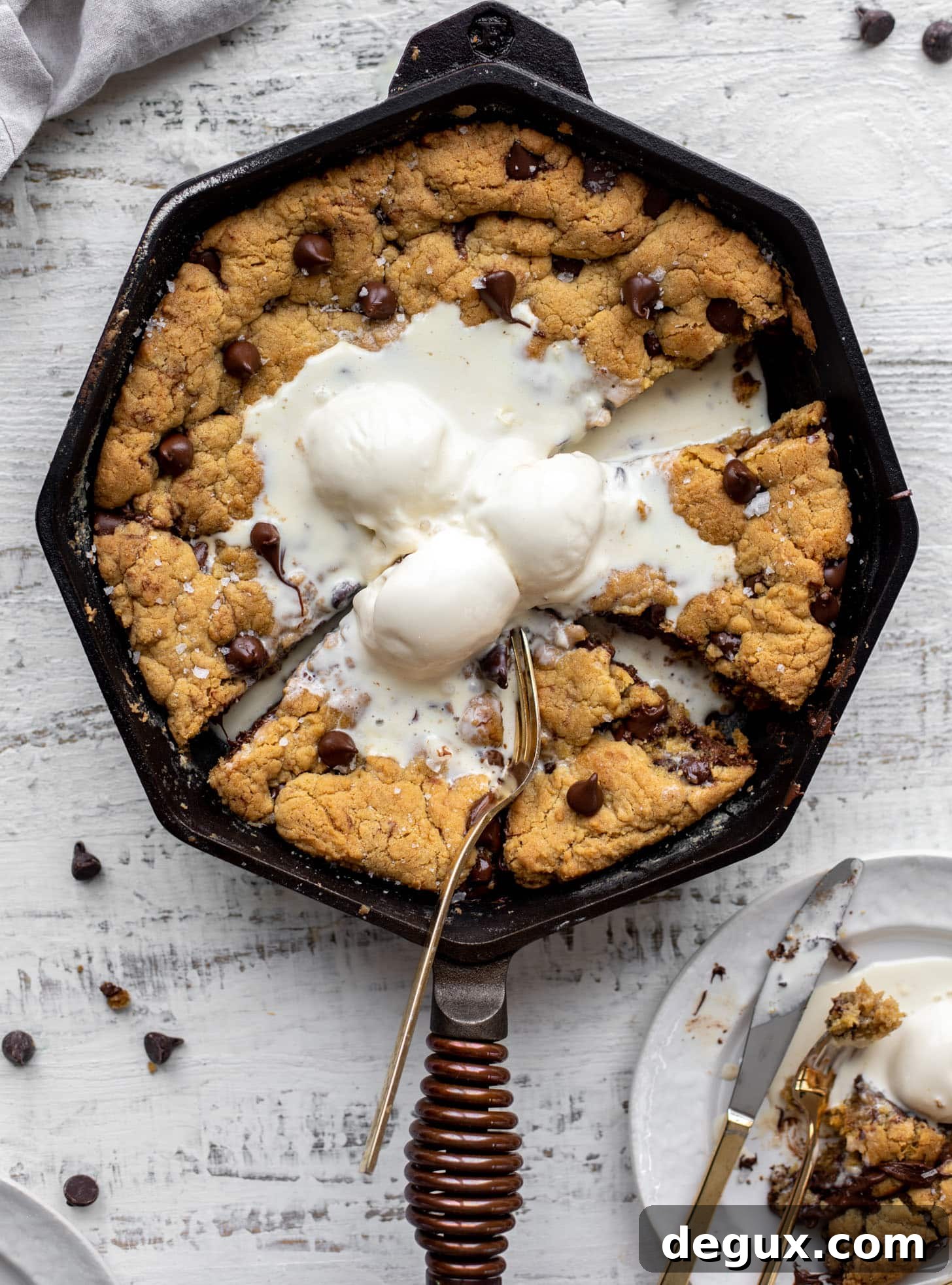 chewy chocolate chip skillet cookie with ice cream