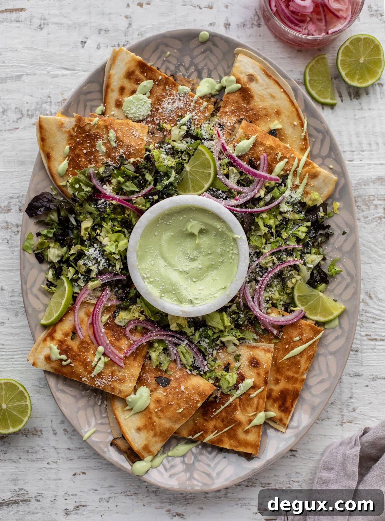 Smoky Shiitake Mushroom Quesadillas with Avocado Cream Sauce 2 smoky shiitake mushroom quesadillas with avocado cream