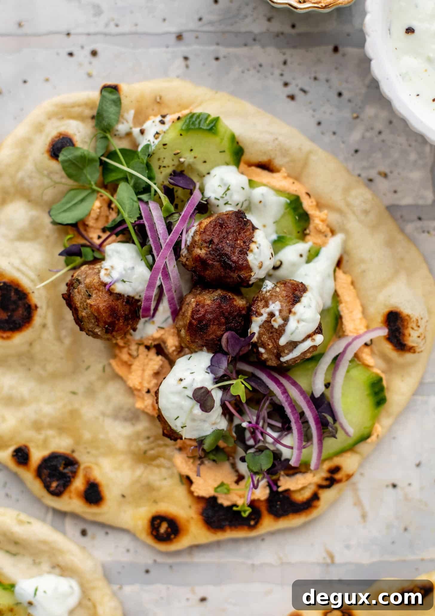 Chicken Meatball Pitas with Roasted Red Pepper Whipped Feta Recipe 5 chicken meatball pitas with roasted red pepper whipped feta