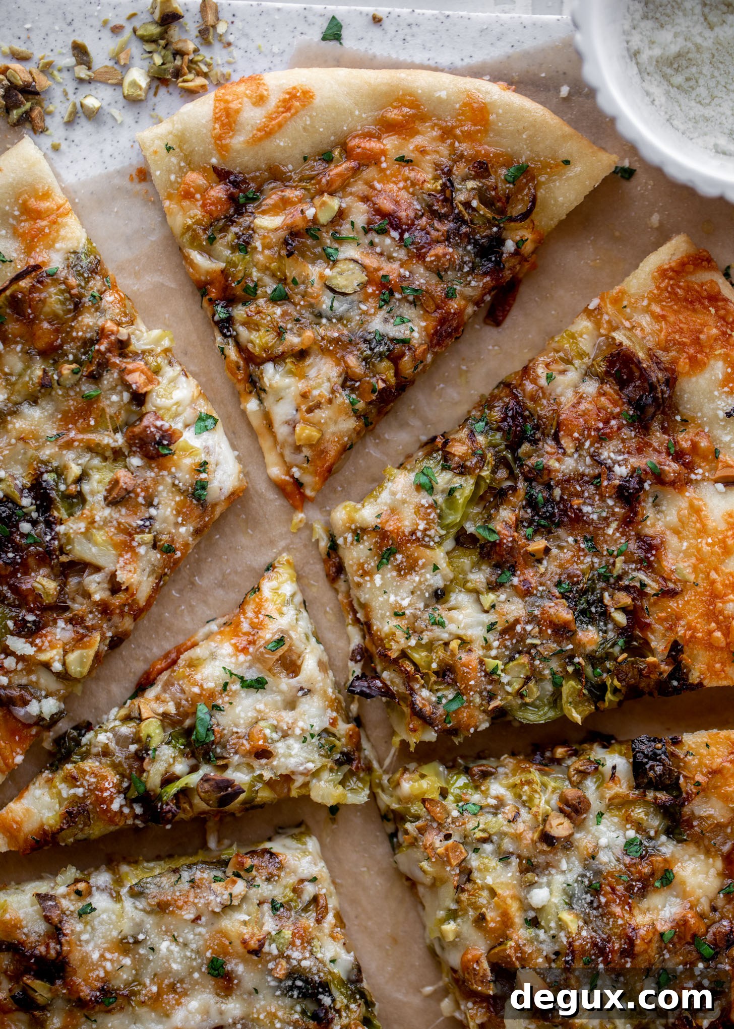 Brussels Sprouts, Caramelized Onion & Pistachio Pizza Recipe 6 brussels, caramelized onion and pistachio pizza