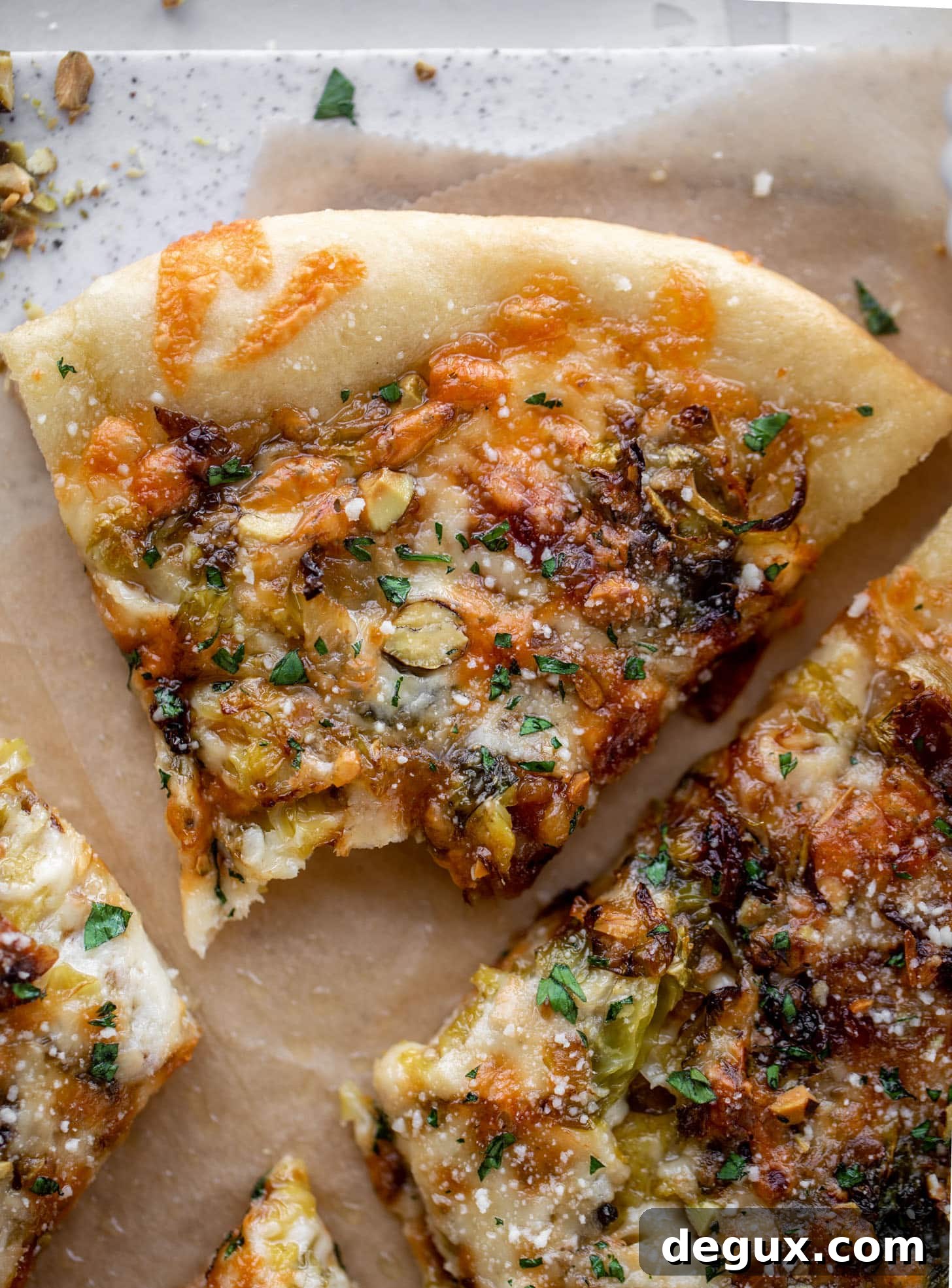 Brussels Sprouts, Caramelized Onion & Pistachio Pizza Recipe 9 brussels, caramelized onion and pistachio pizza
