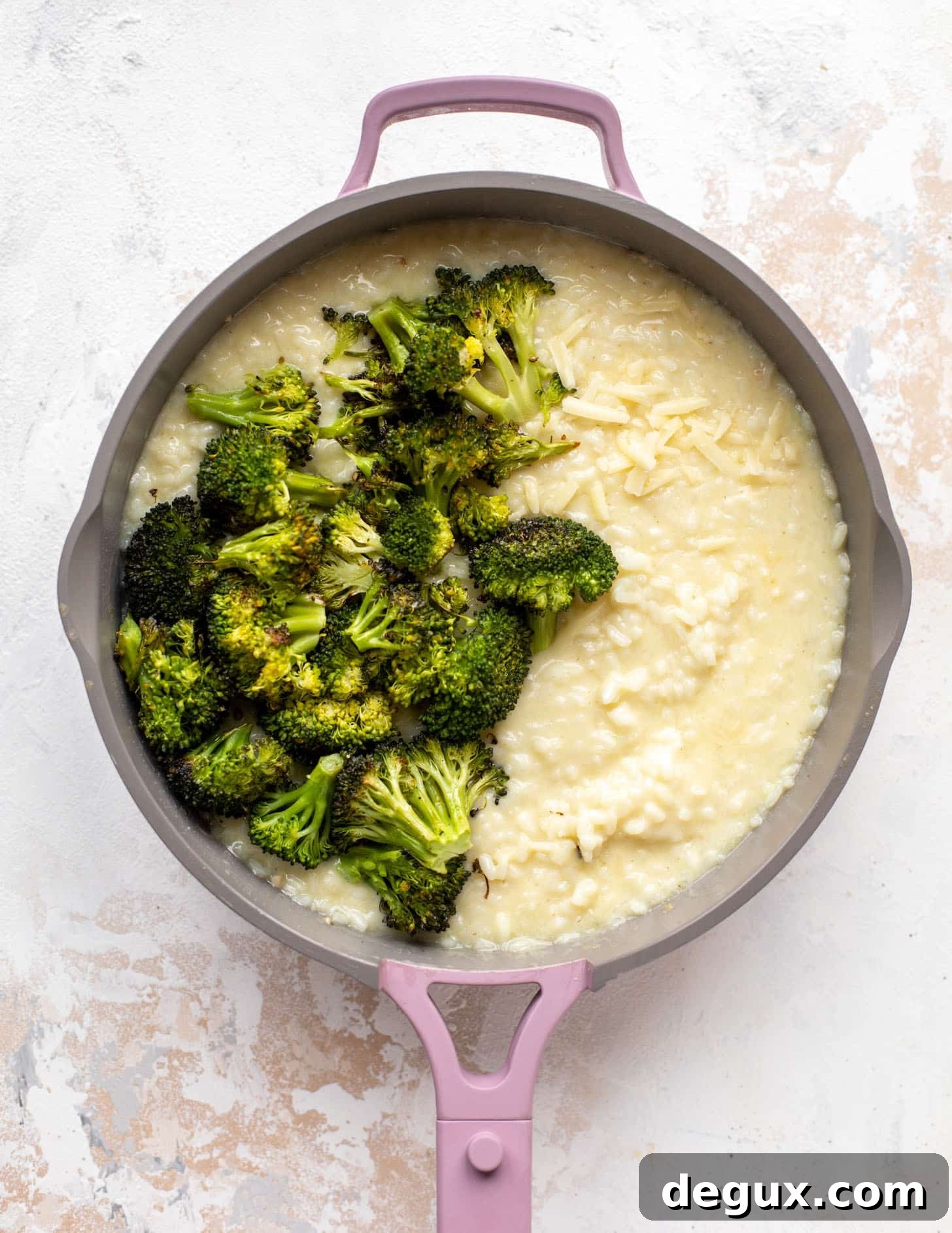 cheddar risotto topped with roasted broccoli