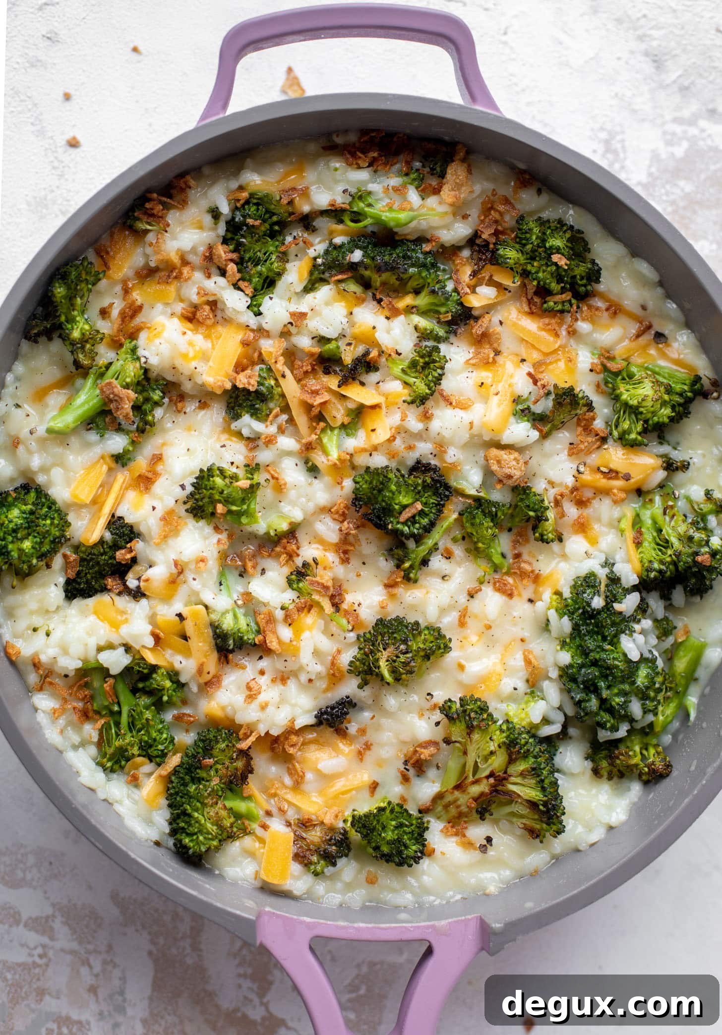roasted broccoli cheddar risotto with crispy onions