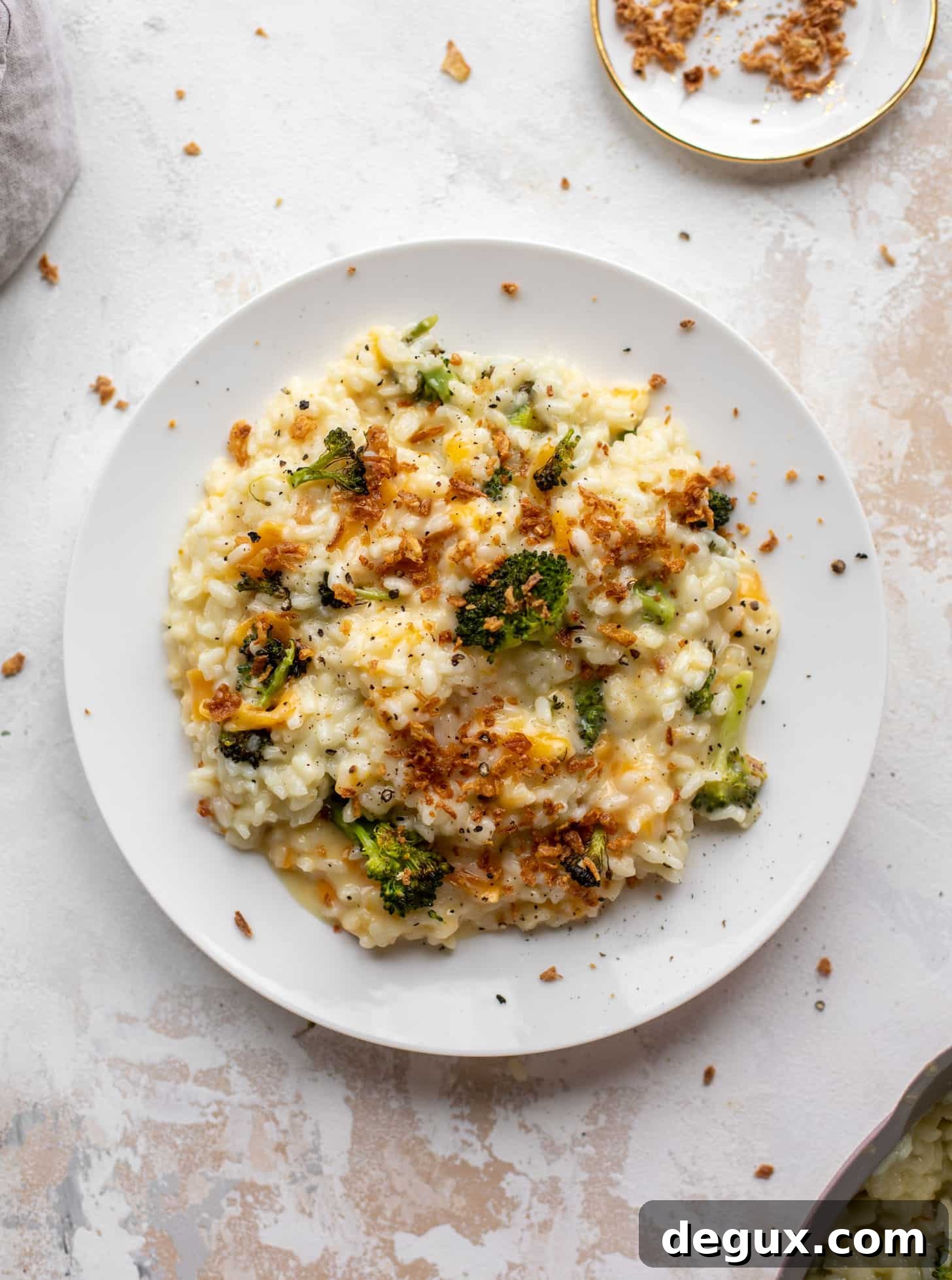 roasted broccoli cheddar risotto with crispy onions