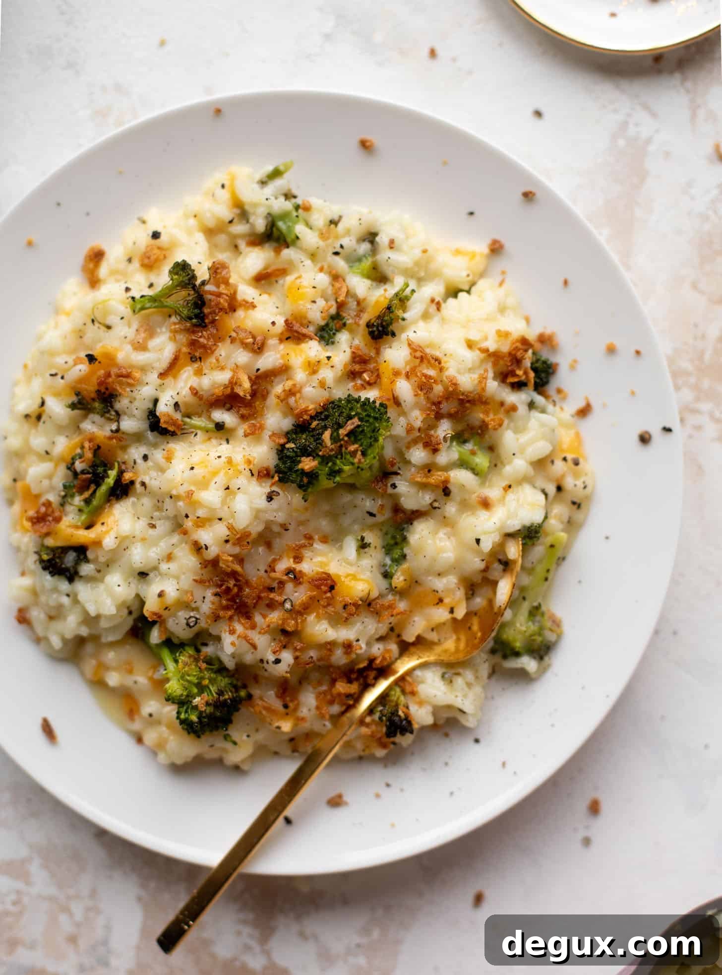 roasted broccoli cheddar risotto with crispy onions
