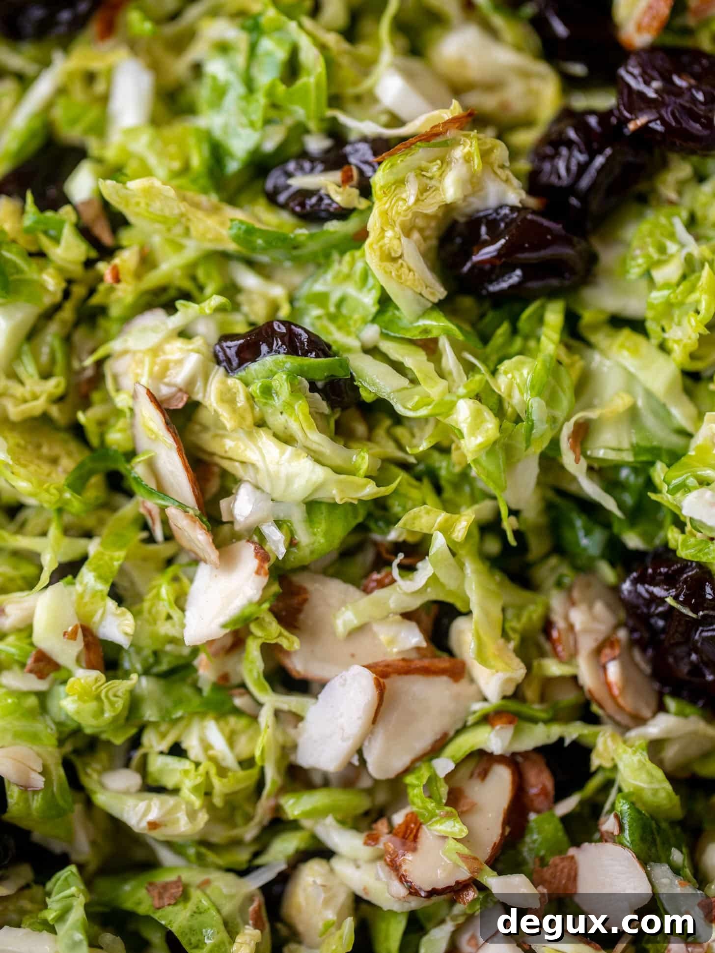 close up of sweet and savory brussels sprouts slaw