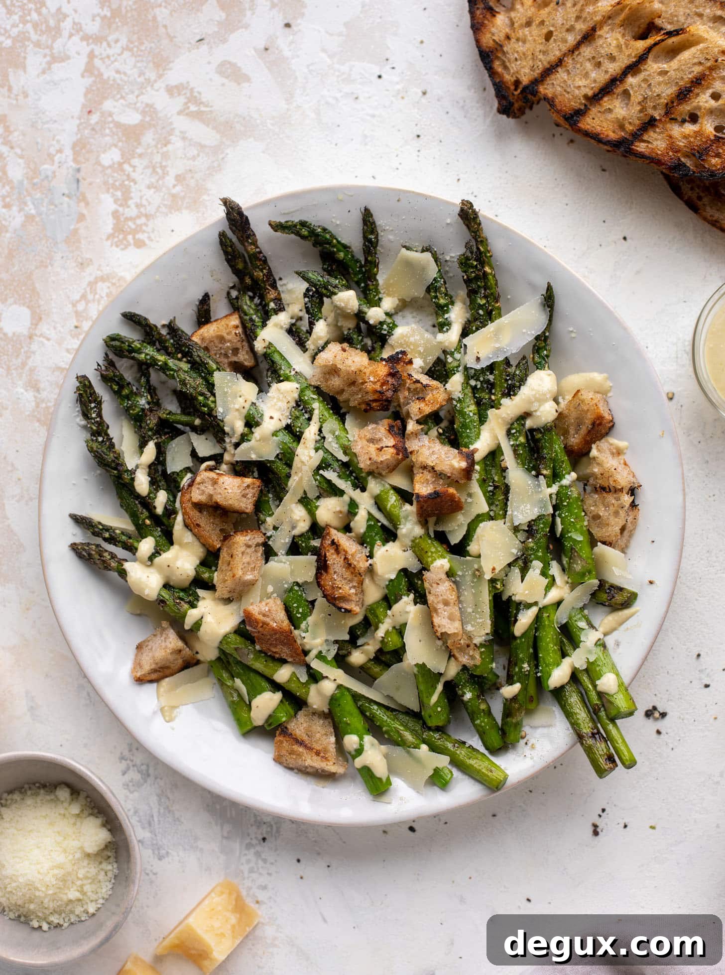 grilled asparagus caesar with sourdough croutons