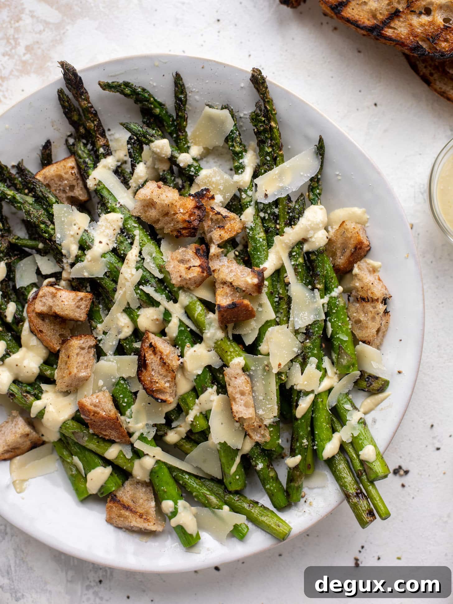 grilled asparagus caesar with sourdough croutons