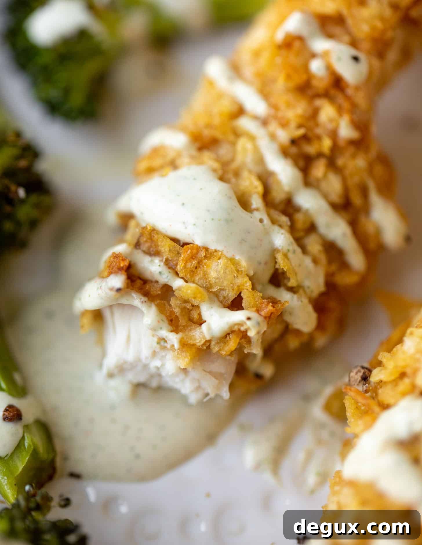 potato chip crusted chicken fingers with ranch and roasted broccoli