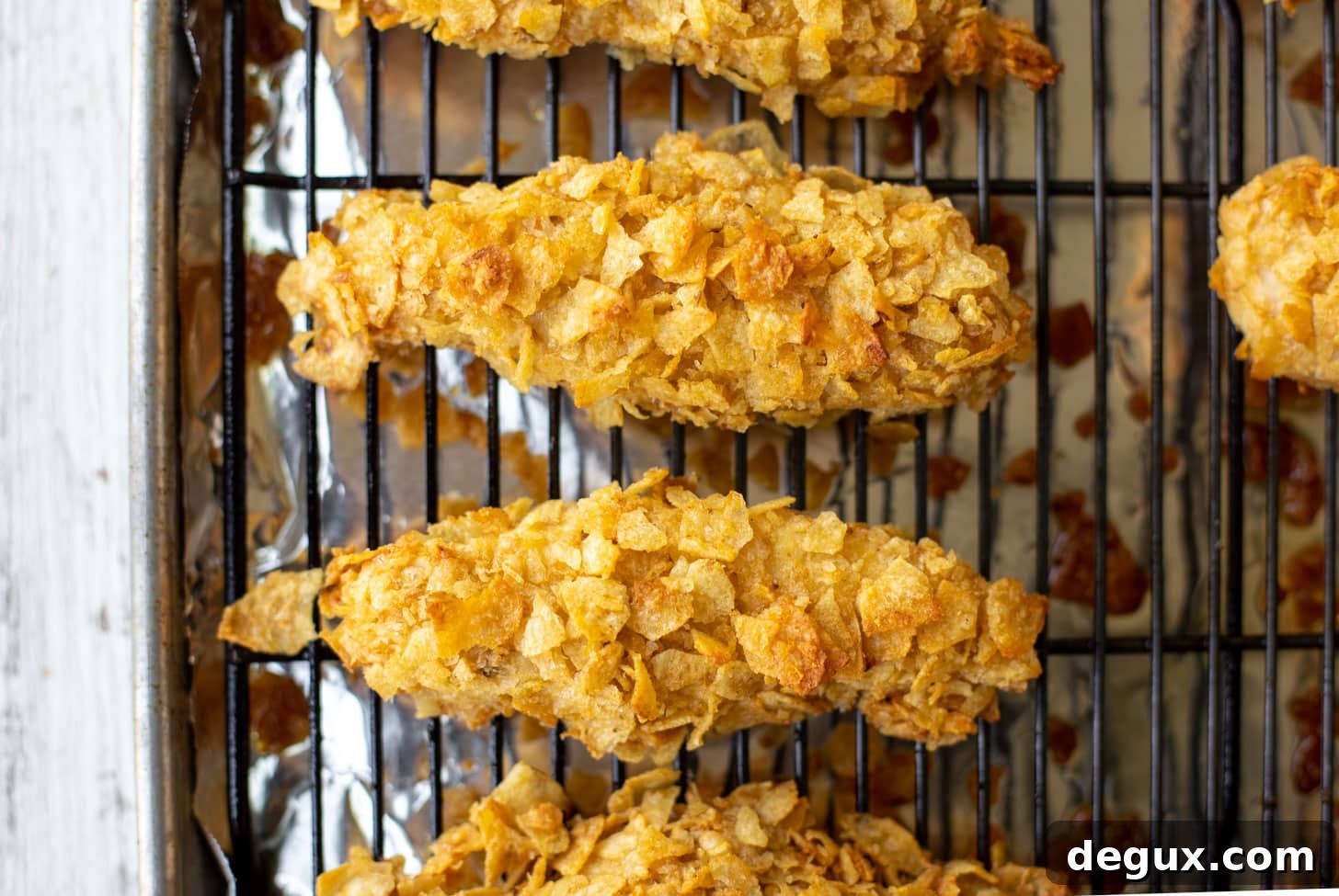 potato chip crusted chicken fingers right after baking
