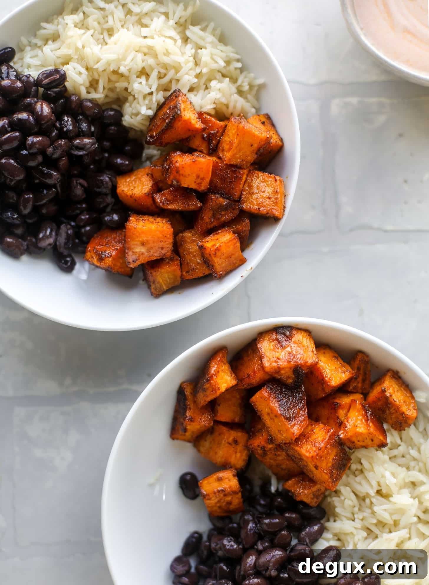 sweet potatoes, black beans and rice in a bowl