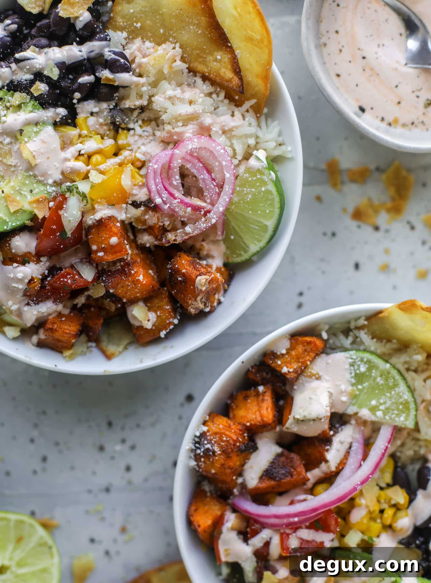 chili lime sweet potato taco bowls with chipotle ranch