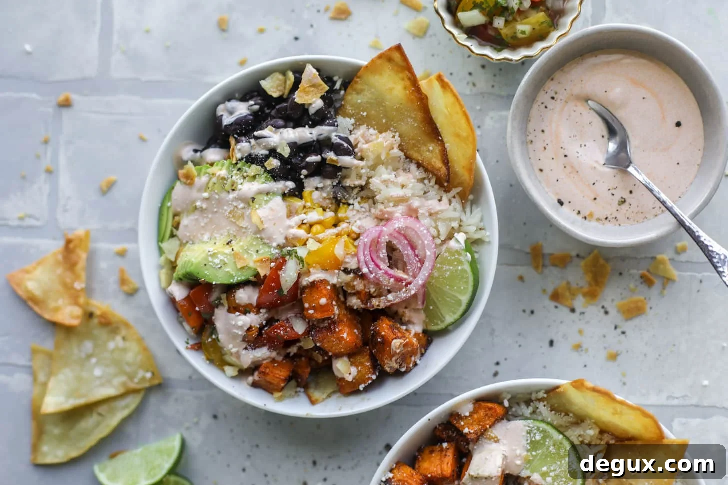 chili lime sweet potato taco bowls with chipotle ranch