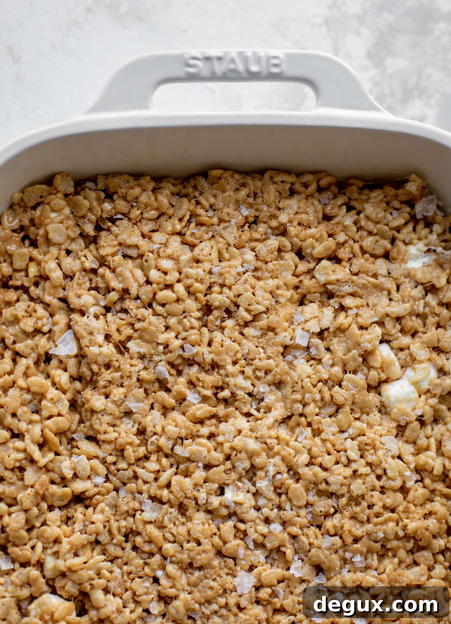 Salted Peanut Butter Rice Krispie Treats Recipe — Crunchy No-Bake Bars 7 pan of salted peanut butter rice krispy treats