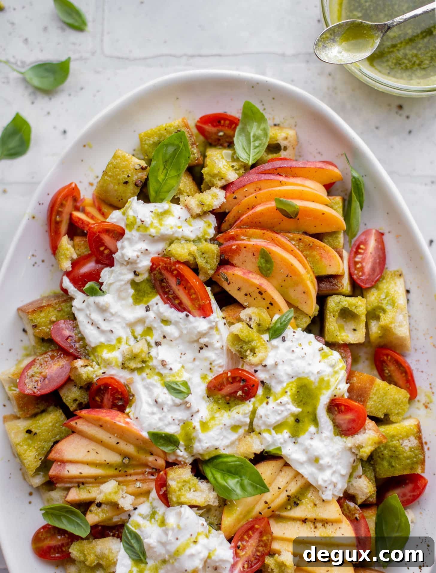 burrata basil and peach panzanella