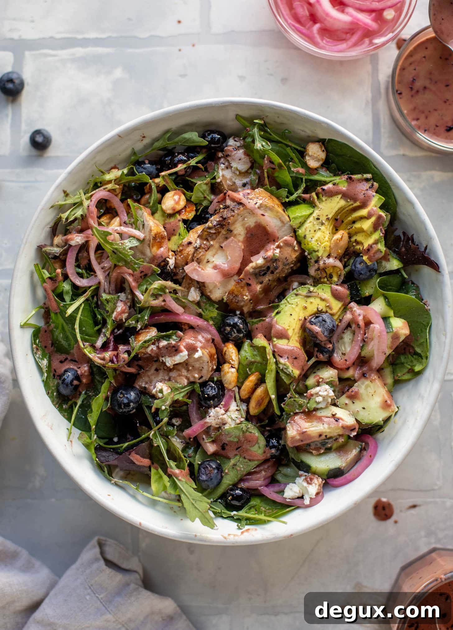 Grilled Chicken and Blueberry Salad with Herb-Sugared Marcona Almonds 8 grilled chicken blueberry salad with blueberry vinaigrette