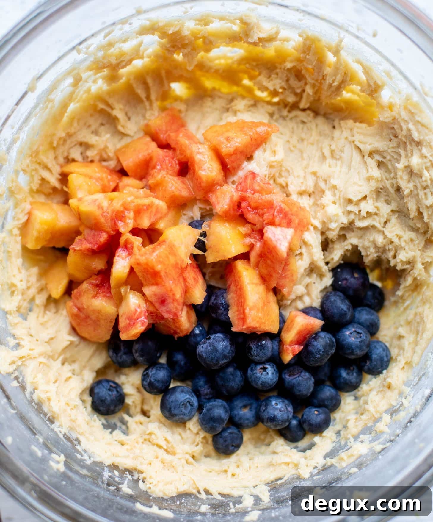 Blueberry Peach Coffee Cake Recipe for Summer Brunch 4 cake batter with blueberries and peaches