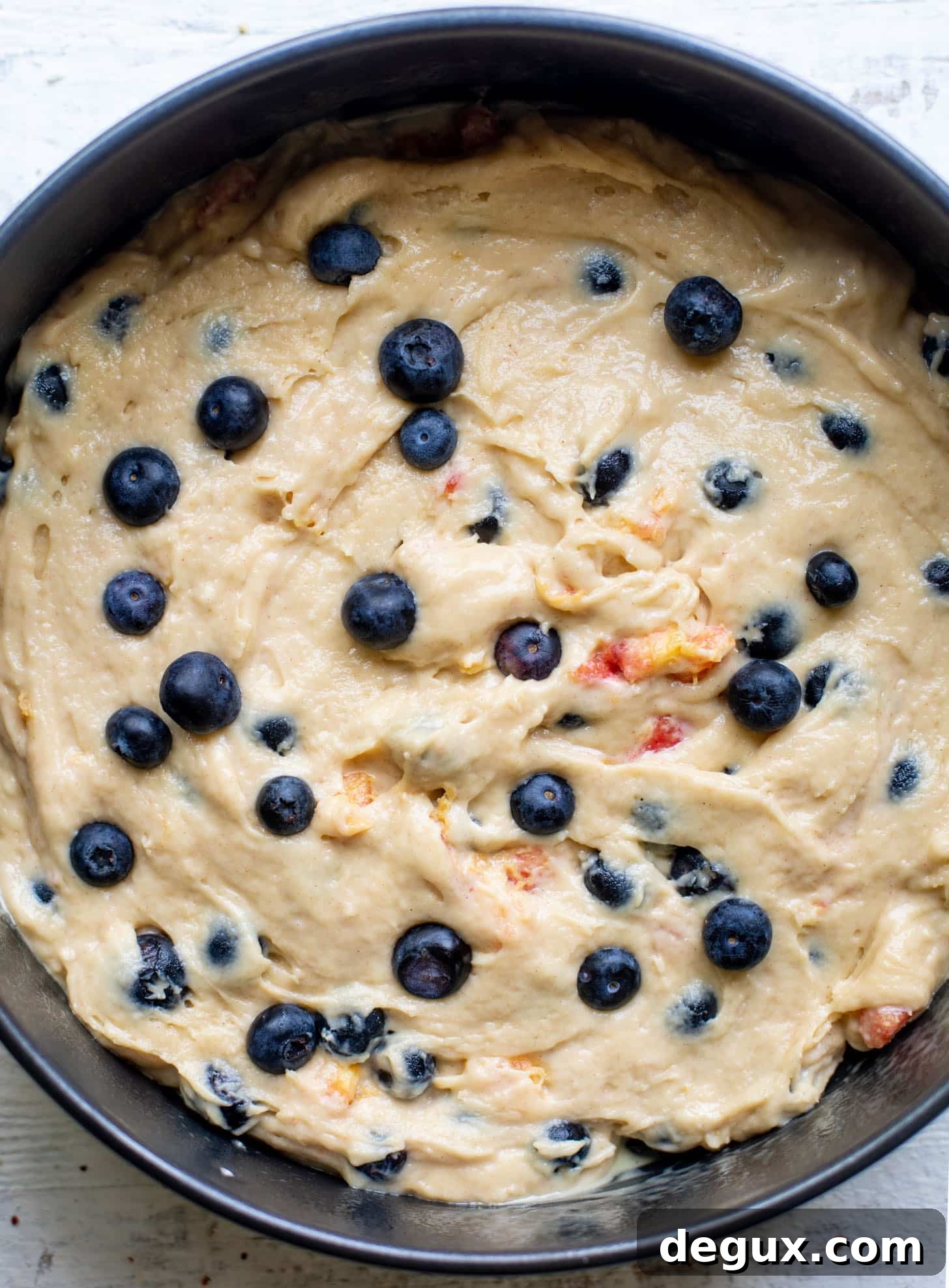 Blueberry Peach Coffee Cake Recipe for Summer Brunch 5 cake batter with blueberries and peaches