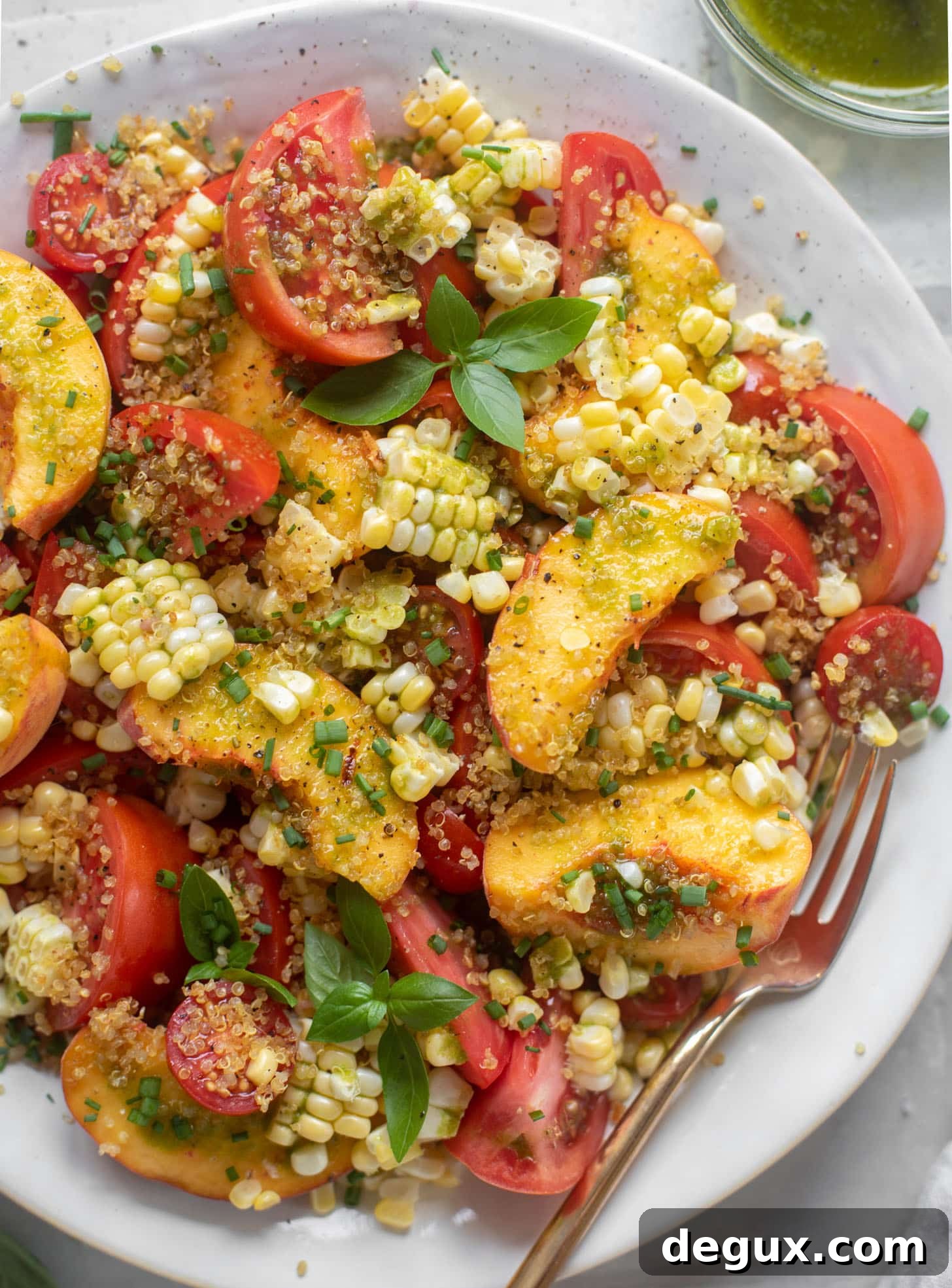 Corn, Peach & Tomato Salad with Crispy Quinoa Crunch 10 sweet corn, peach and tomato salad