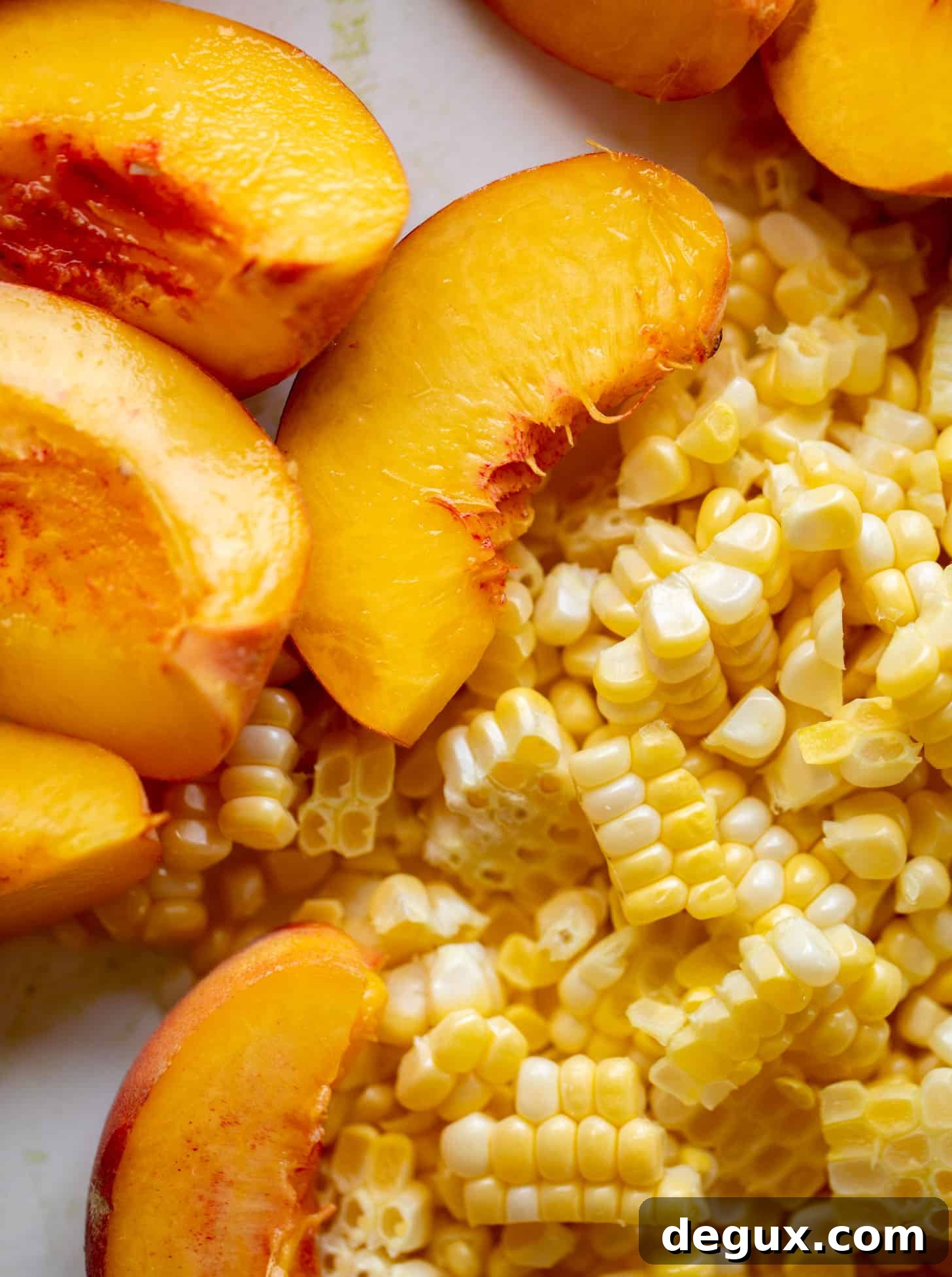 Corn, Peach & Tomato Salad with Crispy Quinoa Crunch 3 corn and peaches