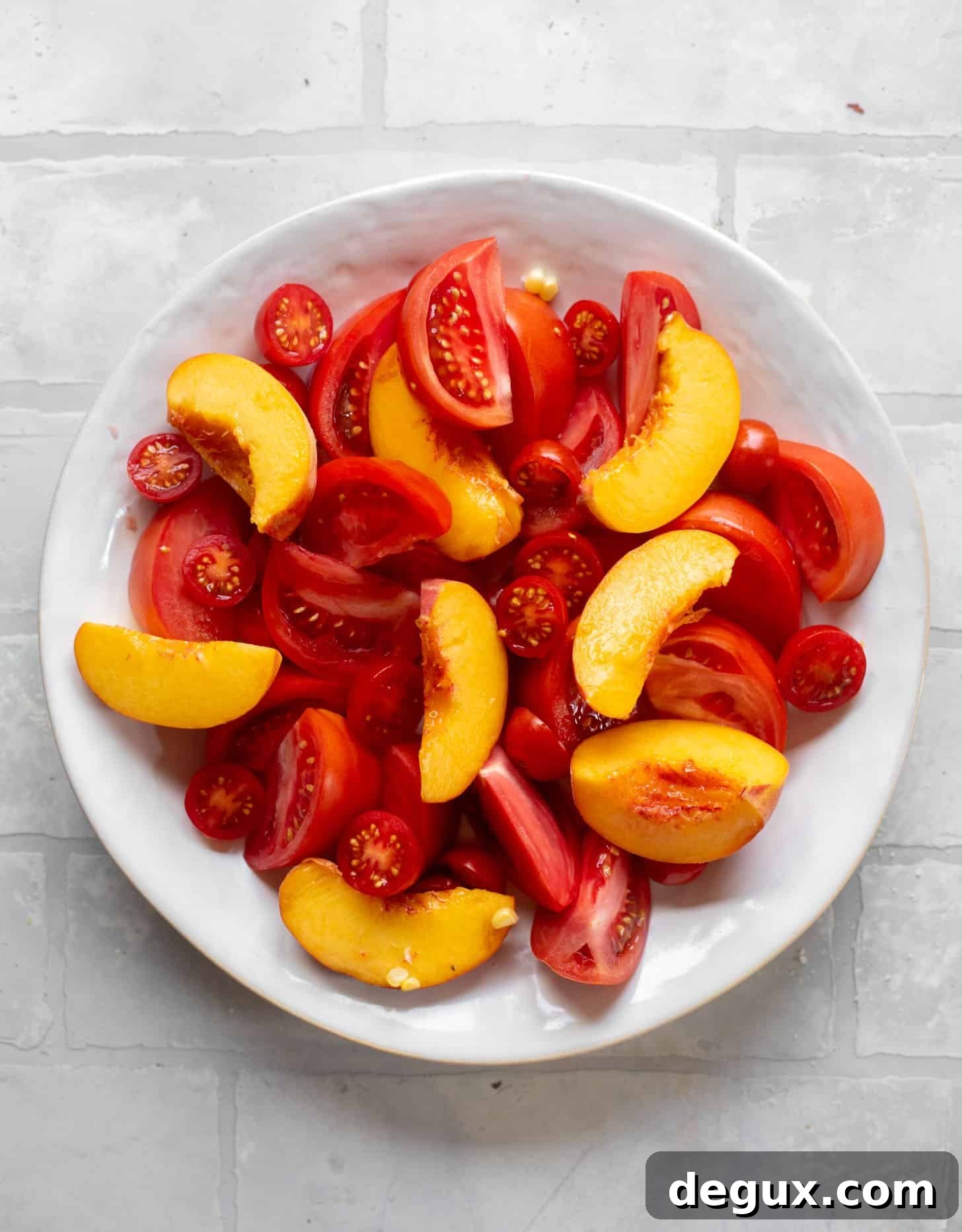 Corn, Peach & Tomato Salad with Crispy Quinoa Crunch 4 tomatoes and peaches