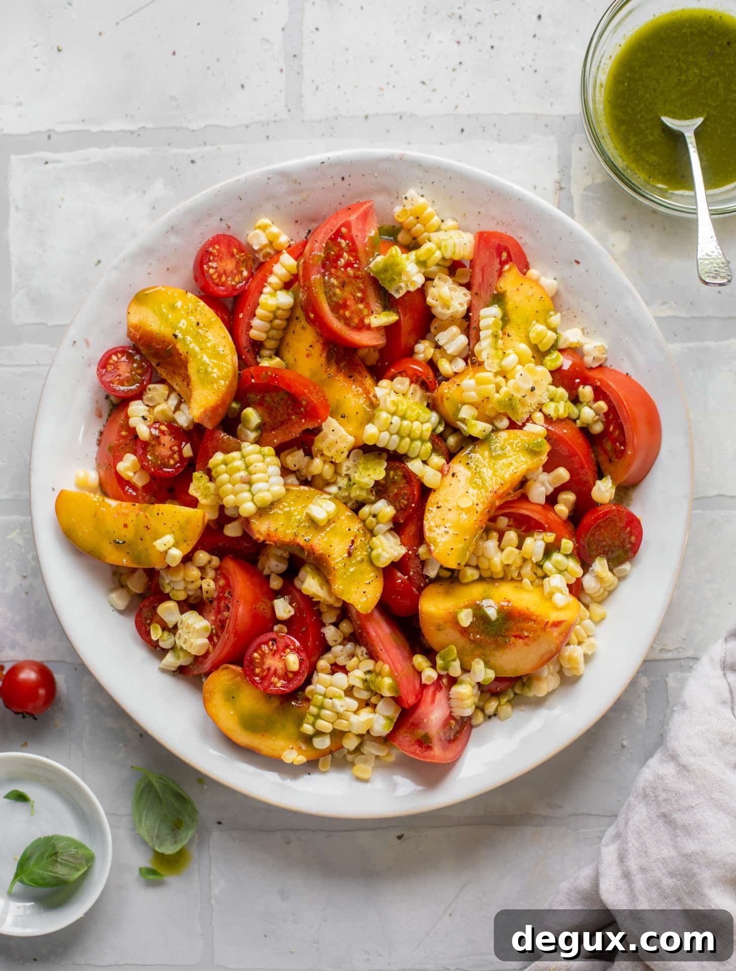 Corn, Peach & Tomato Salad with Crispy Quinoa Crunch 5 sweet corn, peach and tomato salad