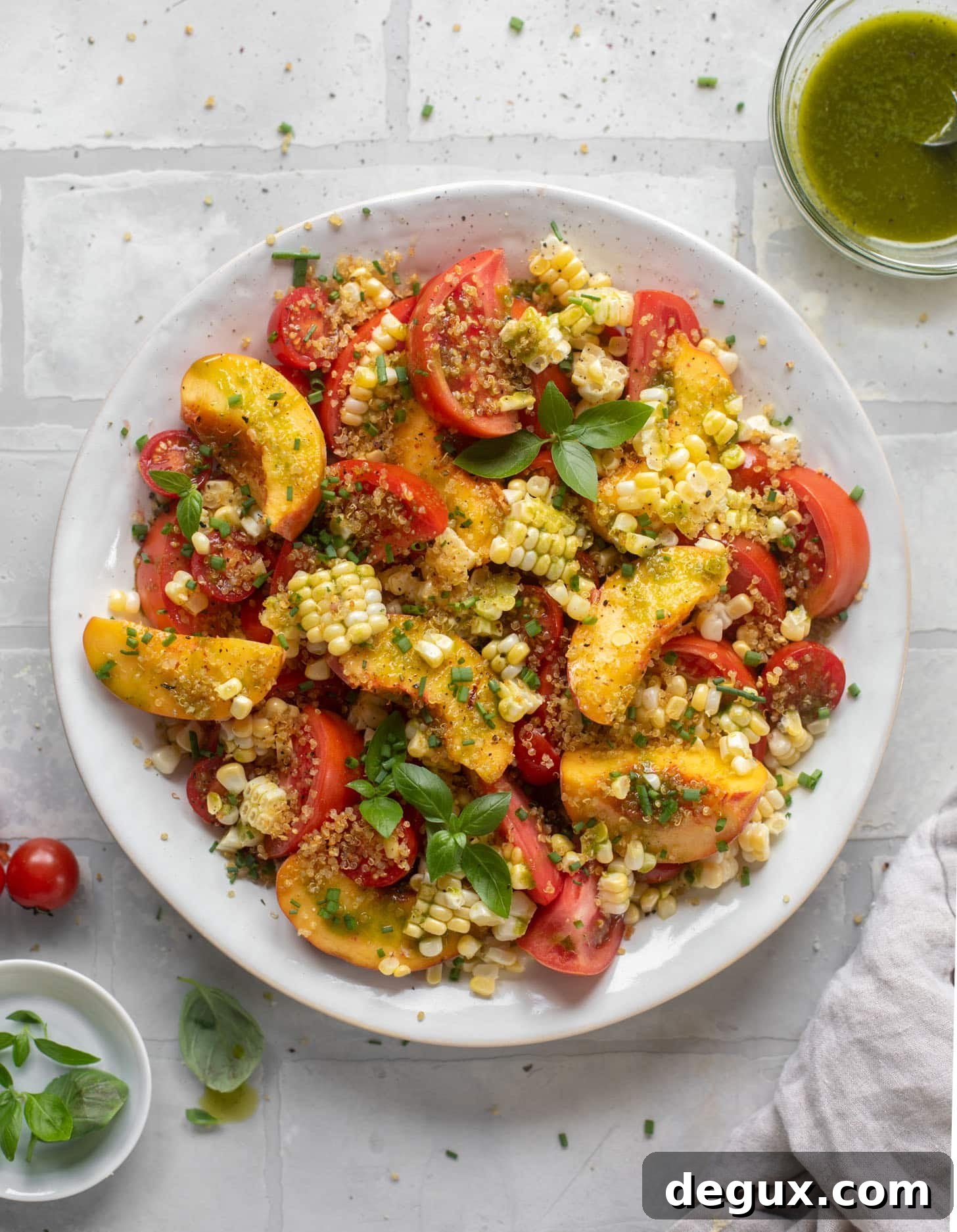 Corn, Peach & Tomato Salad with Crispy Quinoa Crunch 6 sweet corn, peach and tomato salad with crispy quinoa