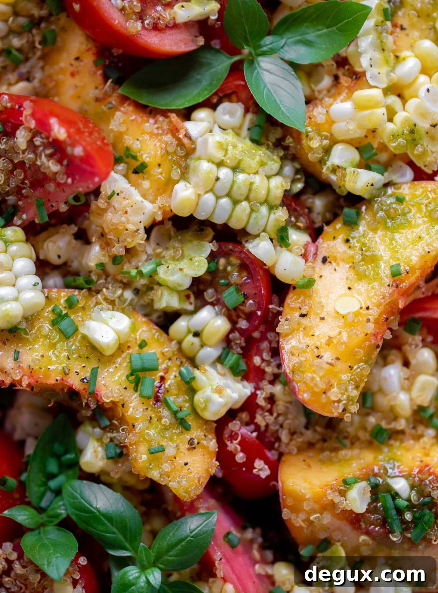Corn, Peach & Tomato Salad with Crispy Quinoa Crunch 7 sweet corn, peach and tomato salad