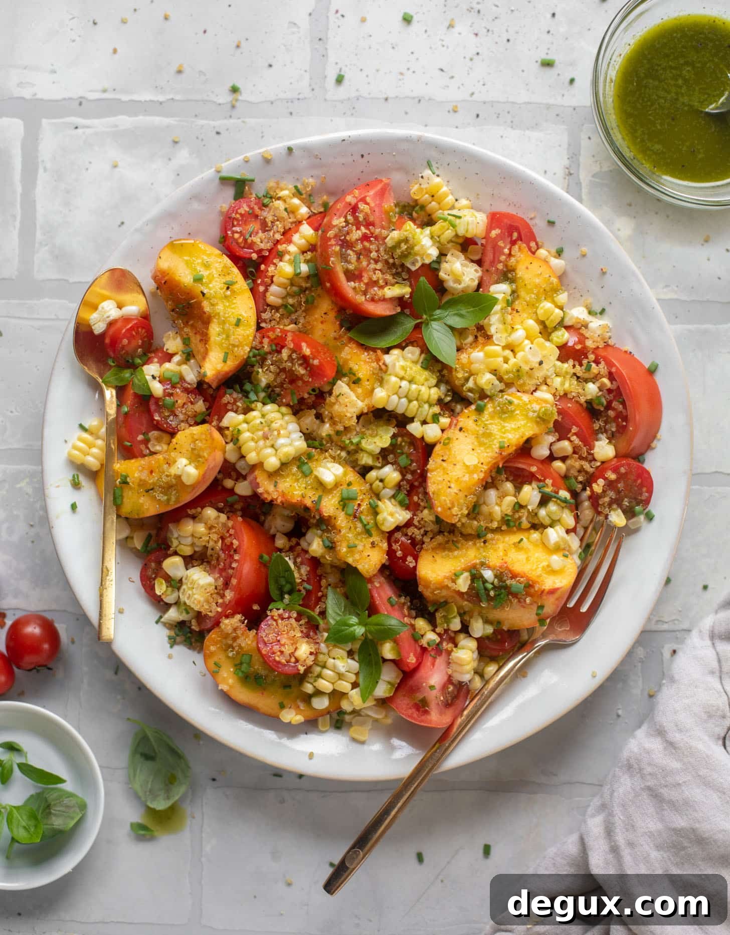 Corn, Peach & Tomato Salad with Crispy Quinoa Crunch 8 sweet corn, peach and tomato salad