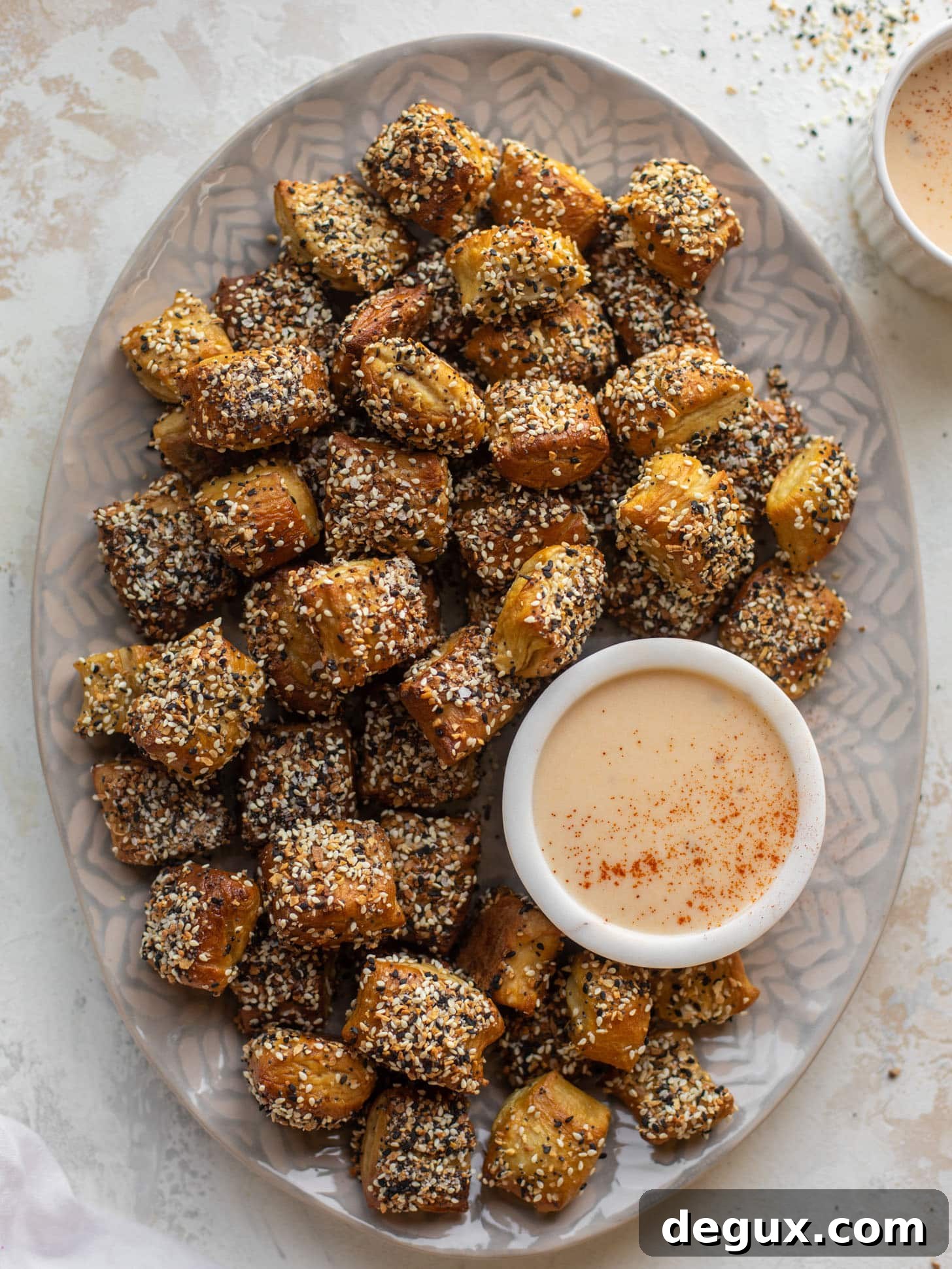 everything soft pretzel bites with chipotle beer cheese
