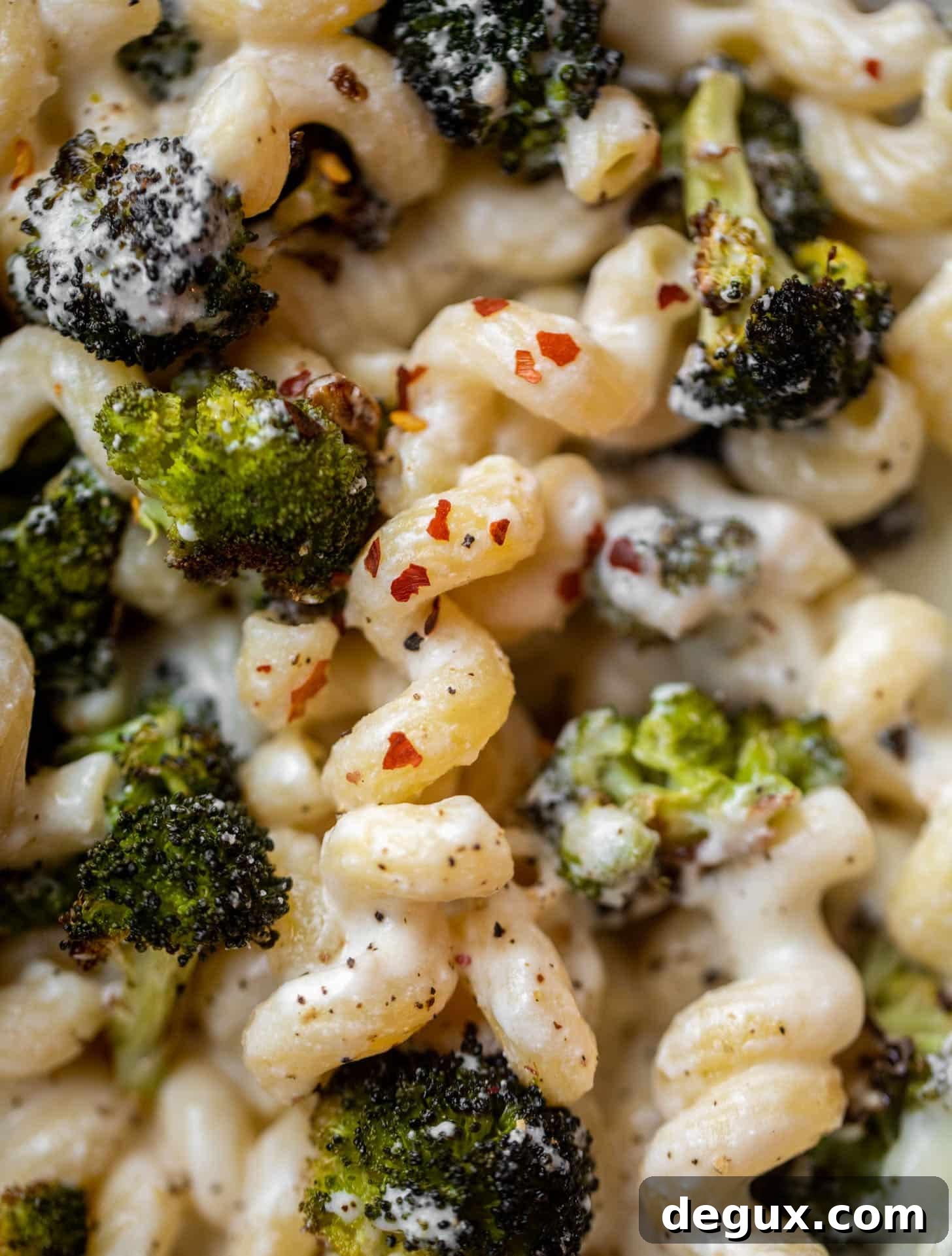 skillet ricotta pasta with roasted broccoli up close