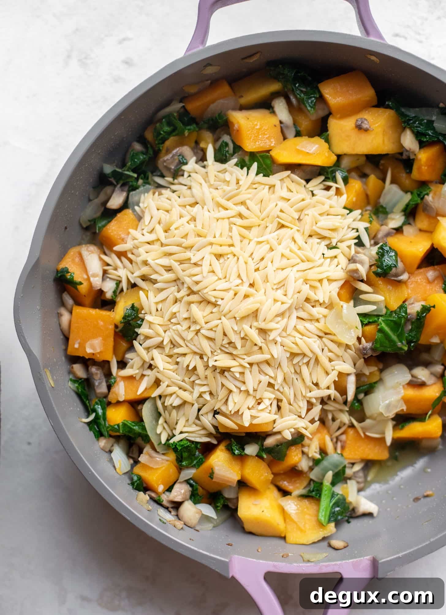 One-Pot Autumn Vegetable Orzo with Chickpeas 3 skillet with vegetables and orzo