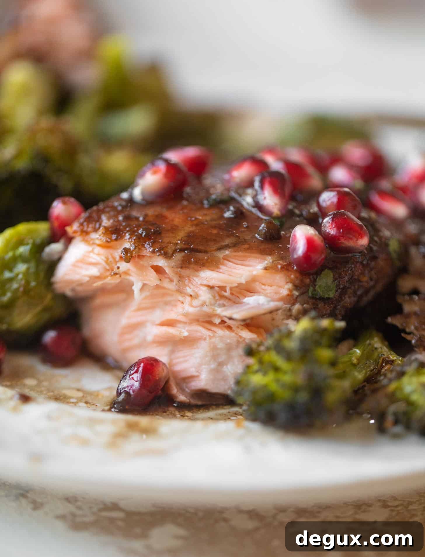 Sticky Pomegranate Salmon with Roasted Brussels Sprouts & Broccoli 10 sticky pomegranate salmon