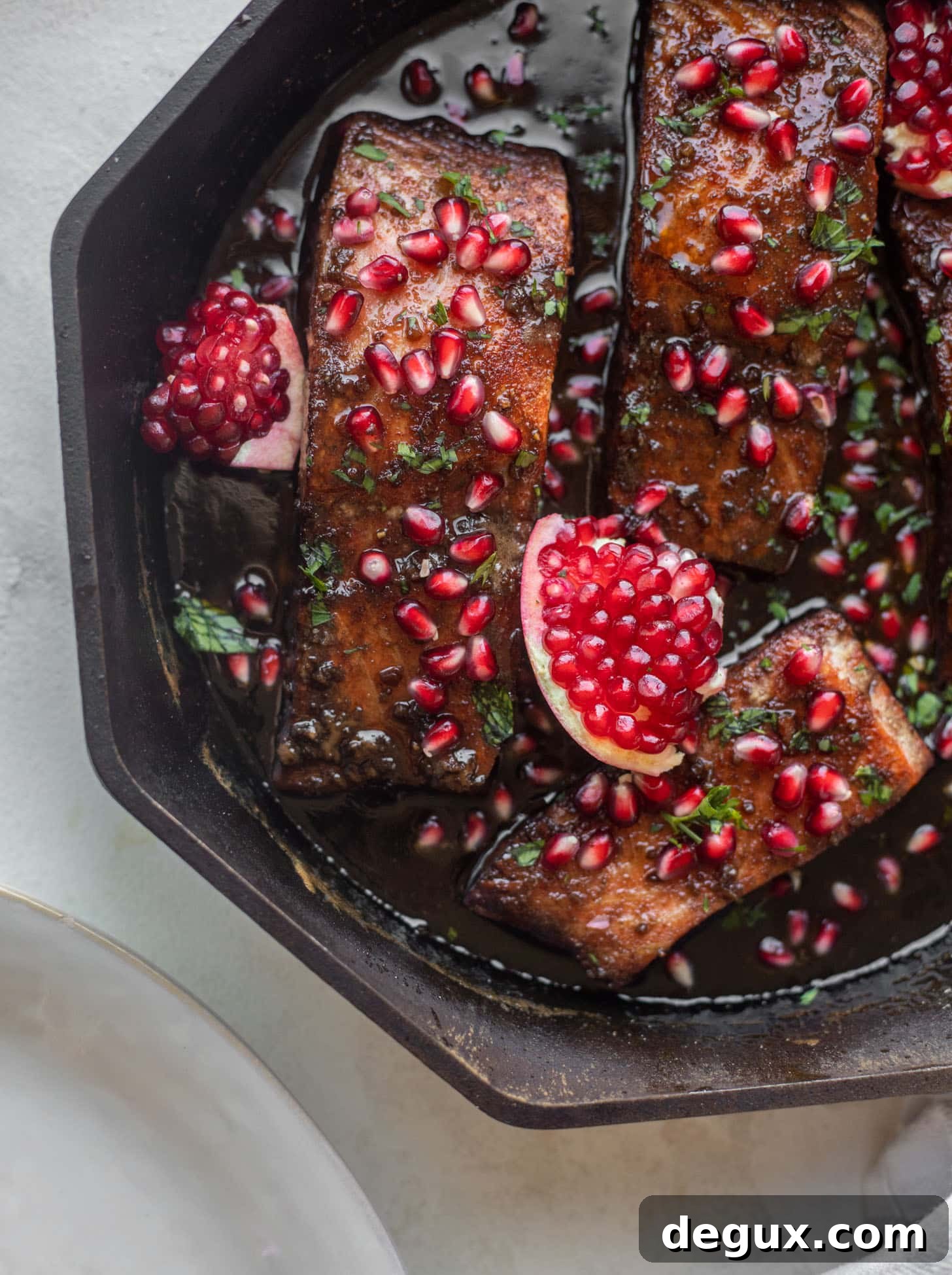 Sticky Pomegranate Salmon with Roasted Brussels Sprouts & Broccoli 12 sticky pomegranate salmon