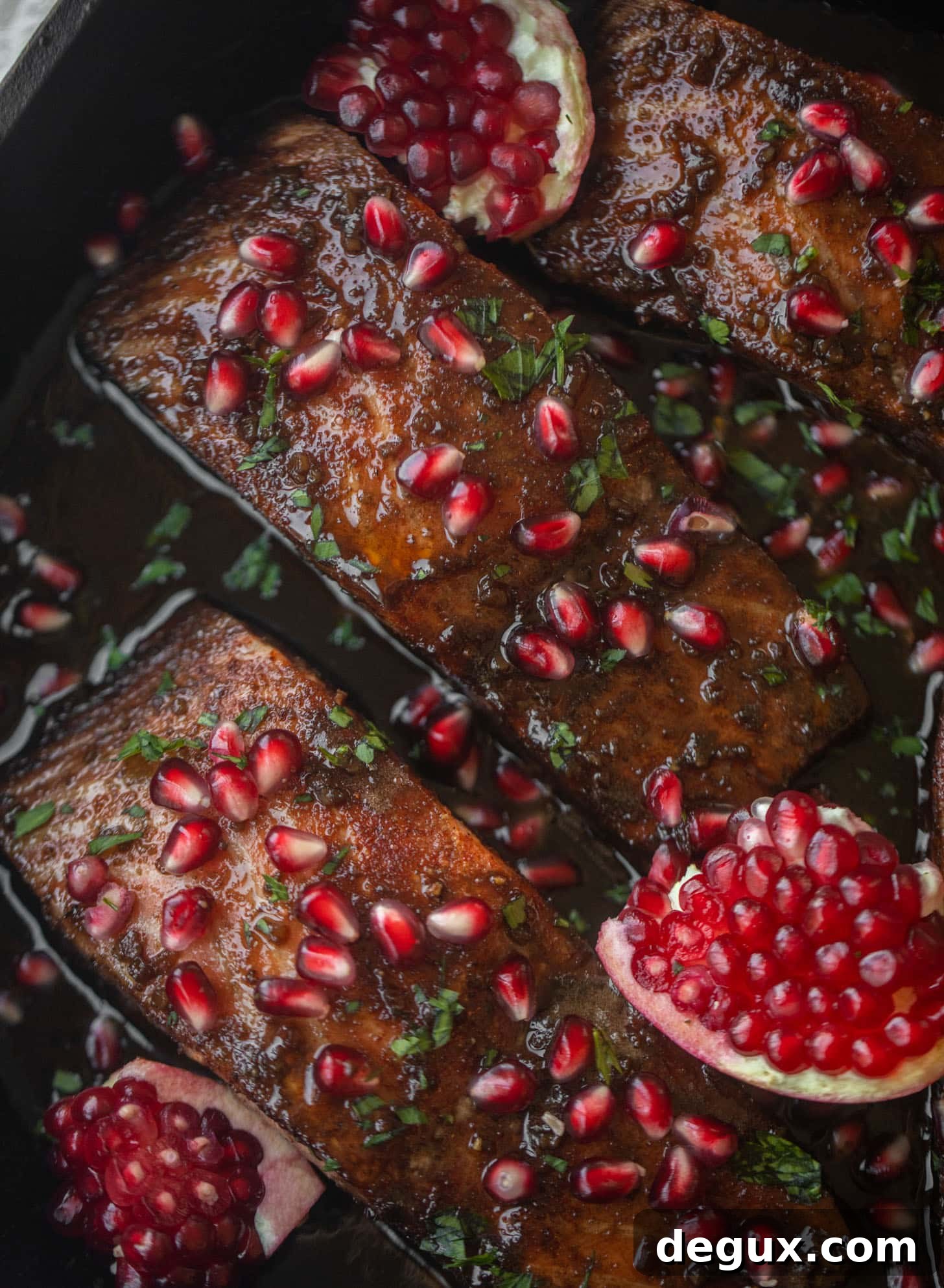 Sticky Pomegranate Salmon with Roasted Brussels Sprouts & Broccoli 8 sticky pomegranate salmon skillet