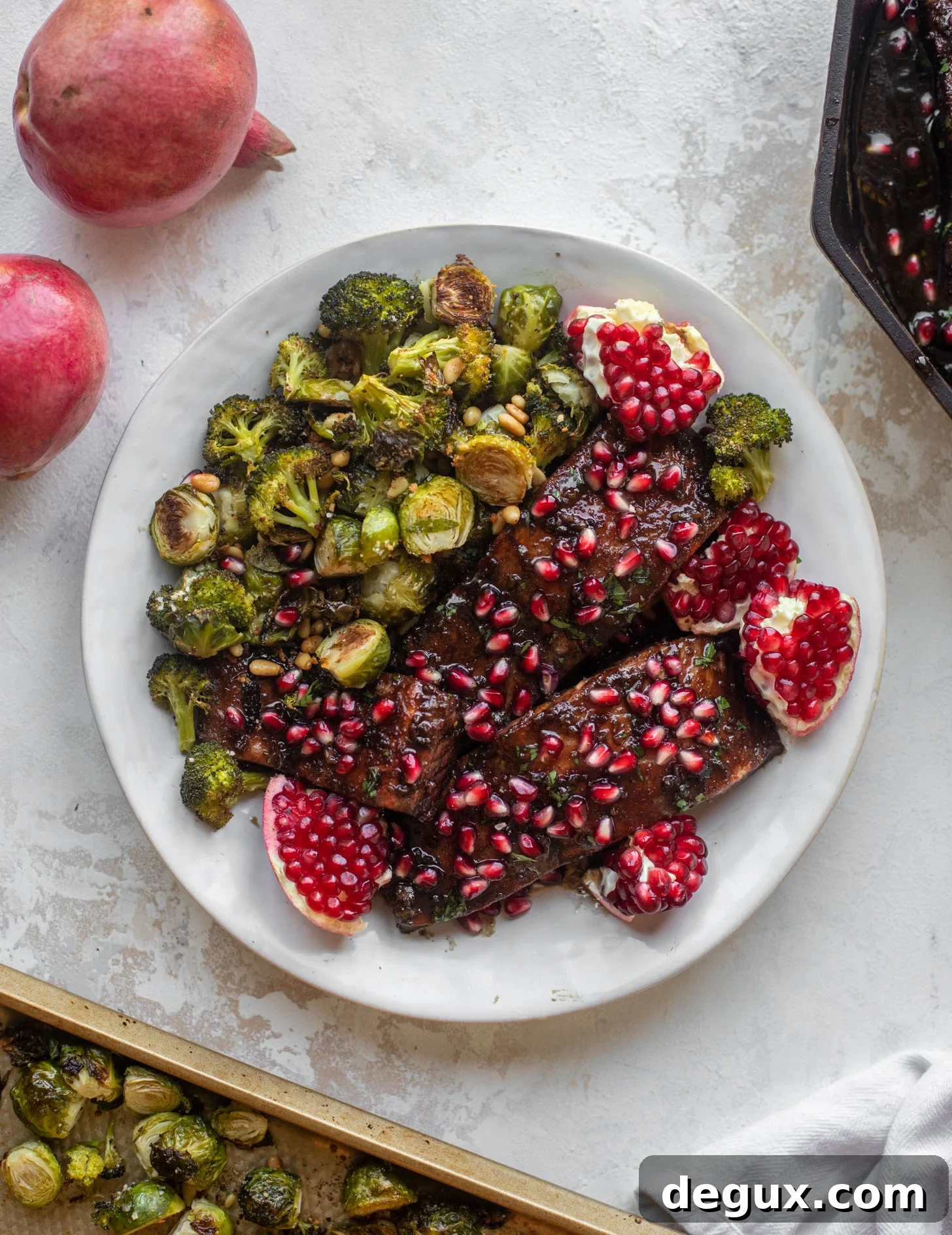 Sticky Pomegranate Salmon with Roasted Brussels Sprouts & Broccoli 9 sticky pomegranate salmon with broccoli & brussels