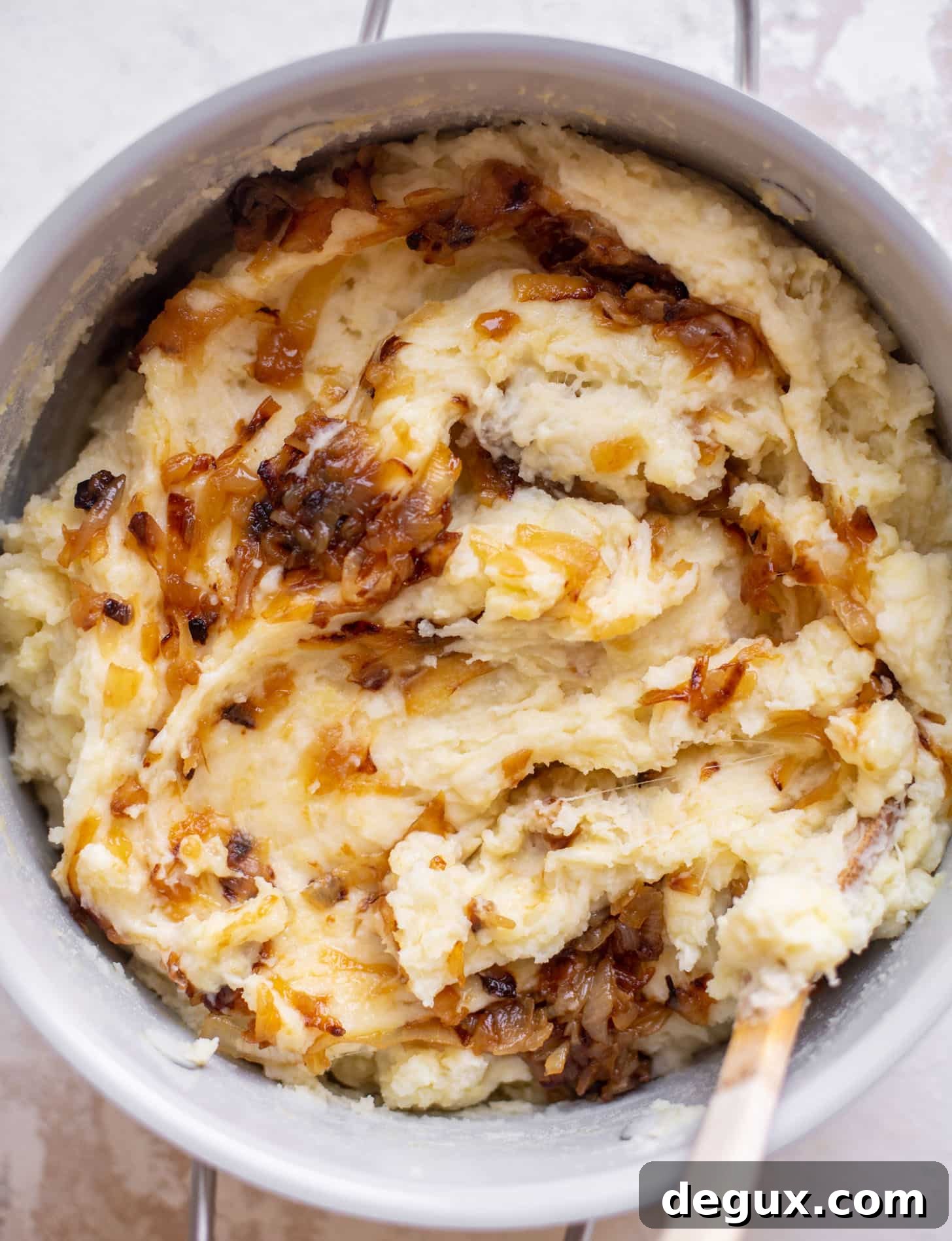 french onion mashed potatoes in a pot