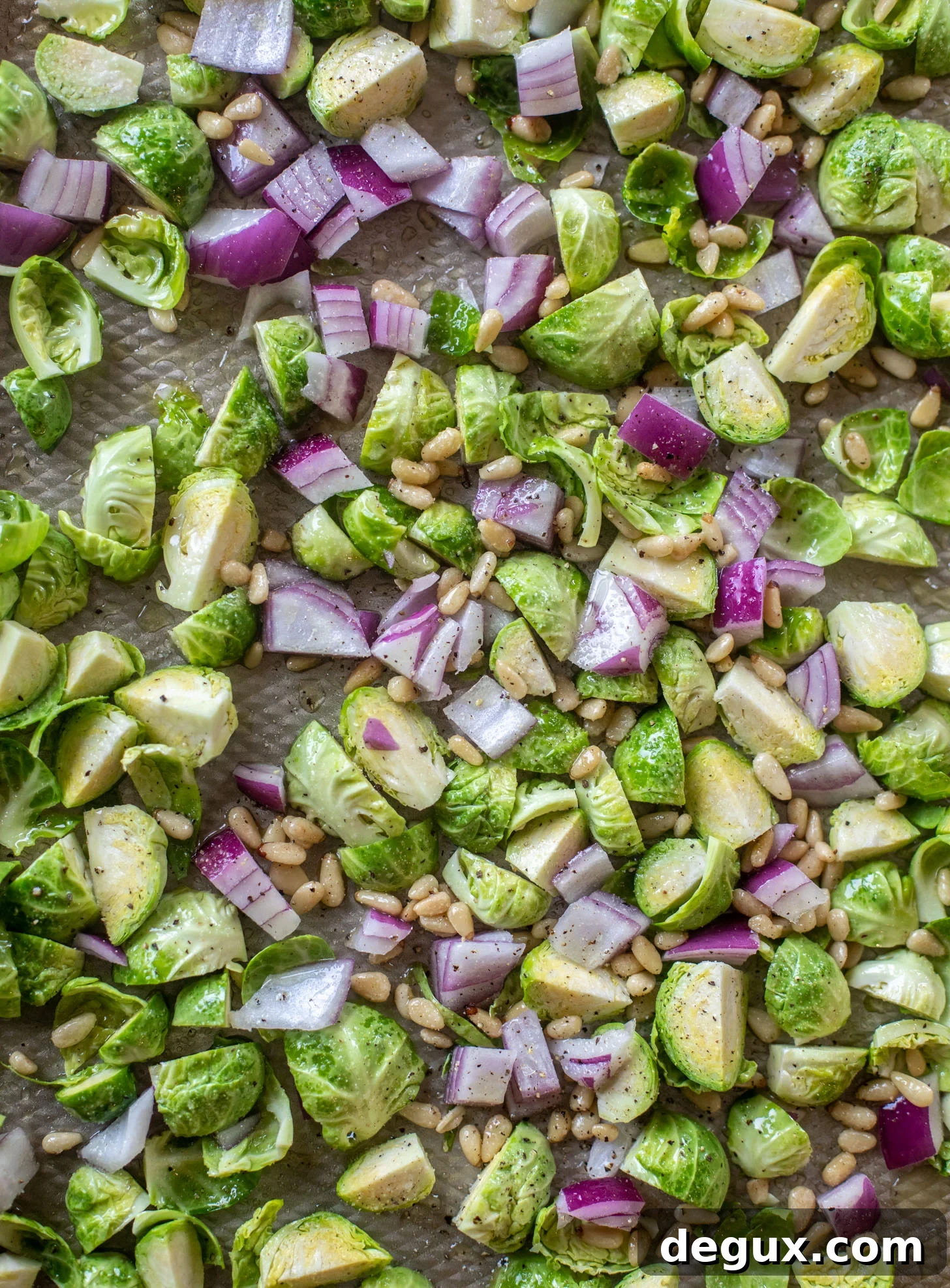 brussels sprouts, onions, pine nuts