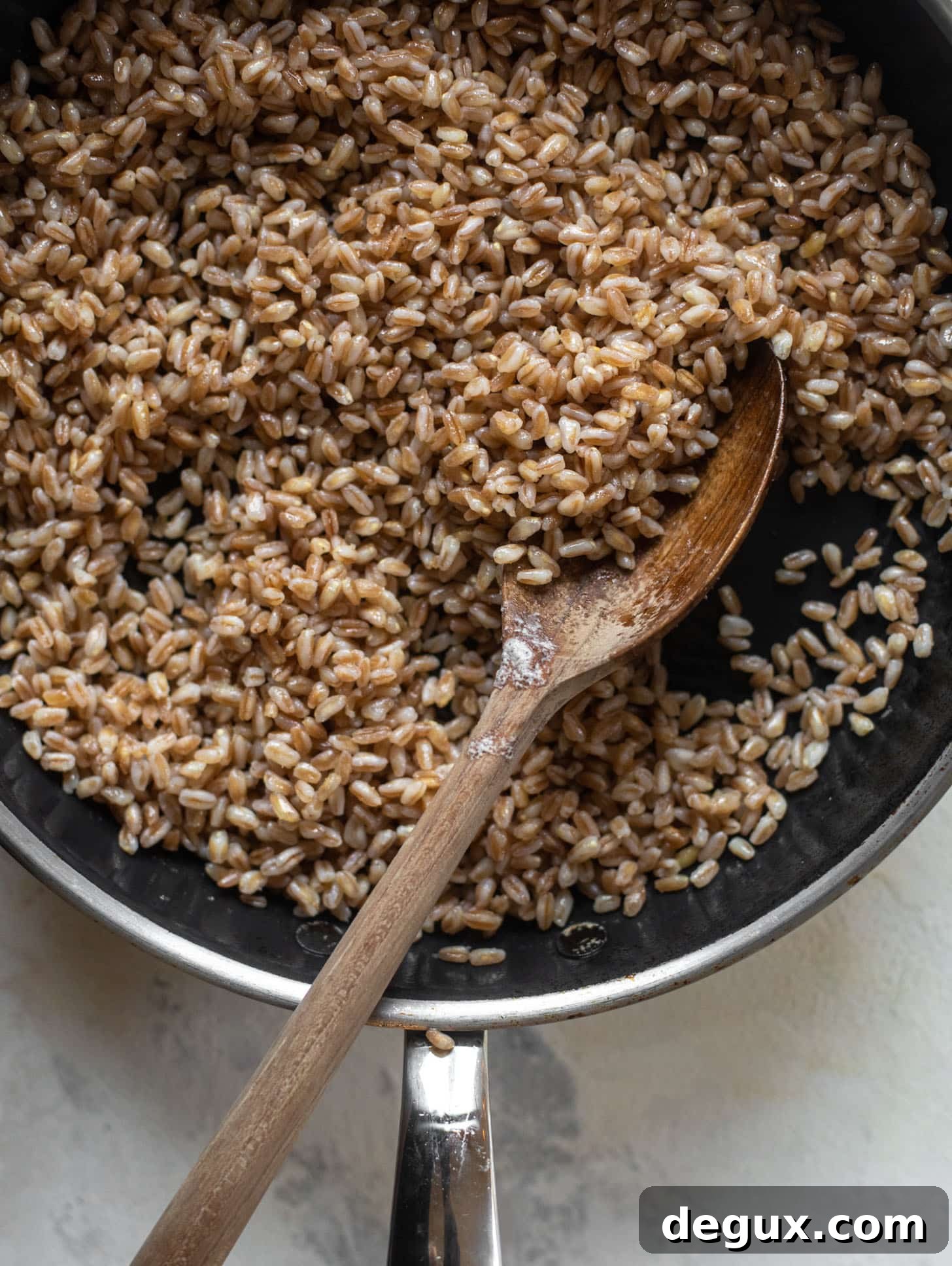 toasted farro in a skillet